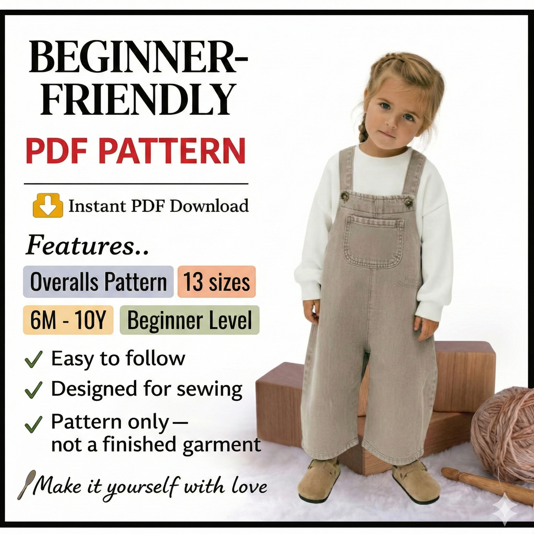 Overalls Sewing Pattern For Kids - Jumpsuit Pattern For Girls Dungarees Pattern, Romper For Children 6M - 10Y