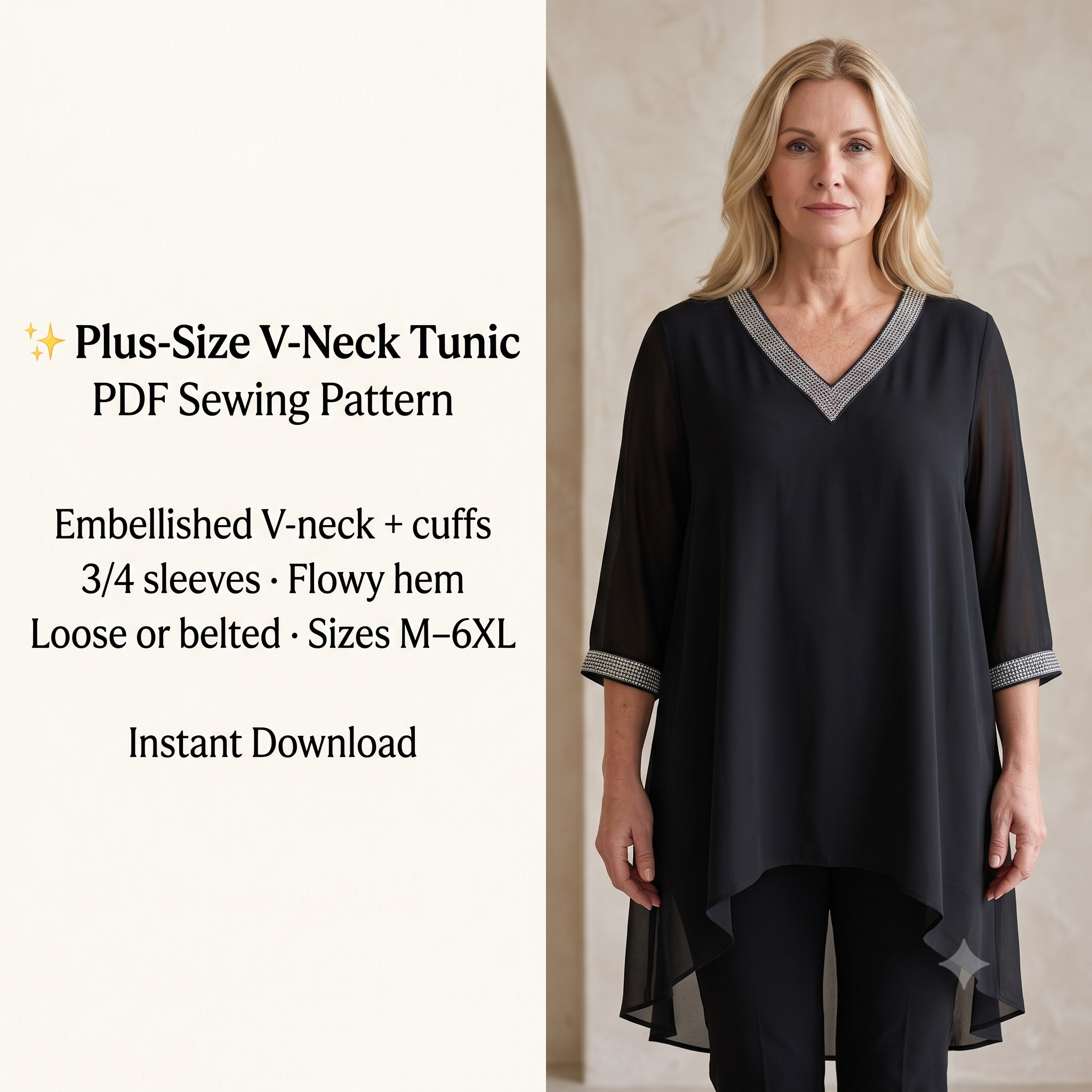 Plus Size Tunic Sewing Pattern PDF, V Neck Blouse Pattern, Curvy Women's Top, Loose or Belted Tunic, Sizes M–6XL, Instant Download