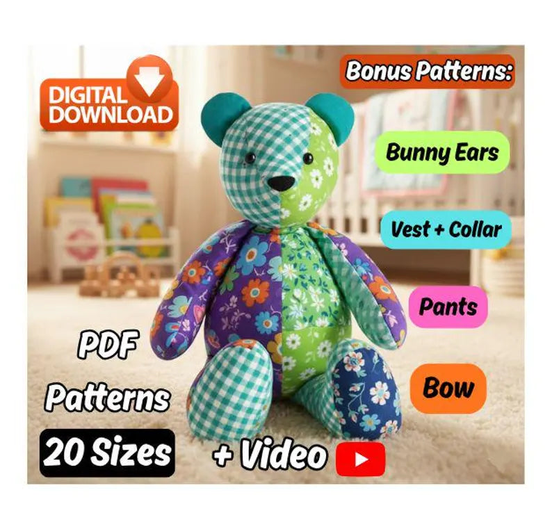 Teddy Bear Sewing Tutorial | Plush Animal Pattern | 20 Sizes PDF