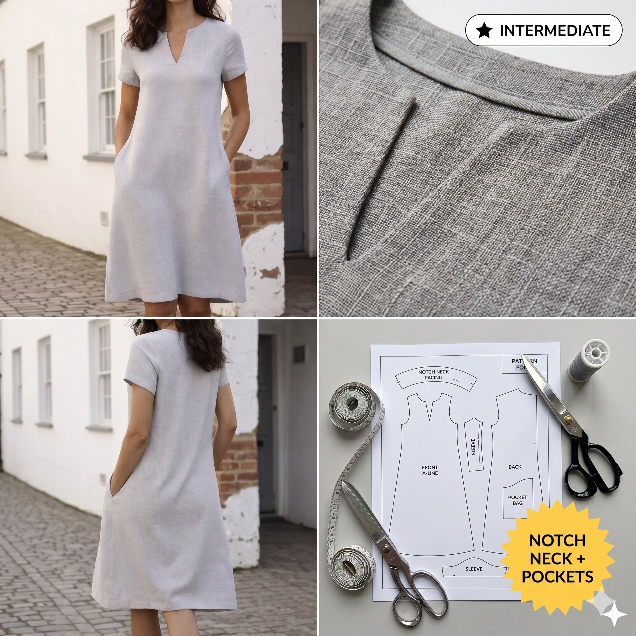Pocketed Linen Dress Pattern, Women Dress Patterns, Fall Dresses, Summer Sewing Size:US2-30 (A0-A4-USLETTER)