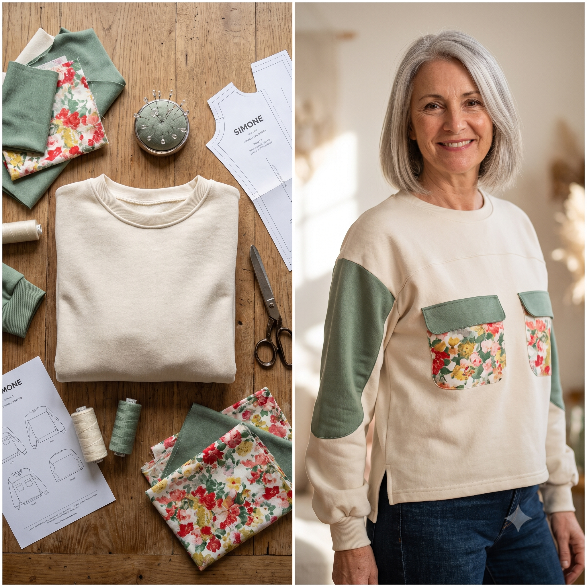 SIMONE Sweatshirt Sewing Pattern PDF, Color Block Sweatshirt, Contrast Yoke & Pockets, Split Hem, Upcycling, Sizes 34–52