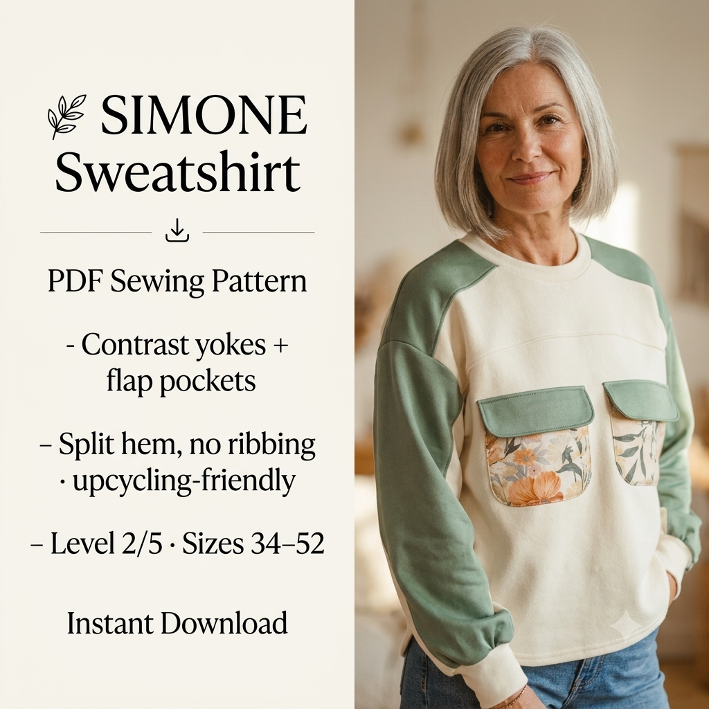 SIMONE Sweatshirt Sewing Pattern PDF, Color Block Sweatshirt, Contrast Yoke & Pockets, Split Hem, Upcycling, Sizes 34–52