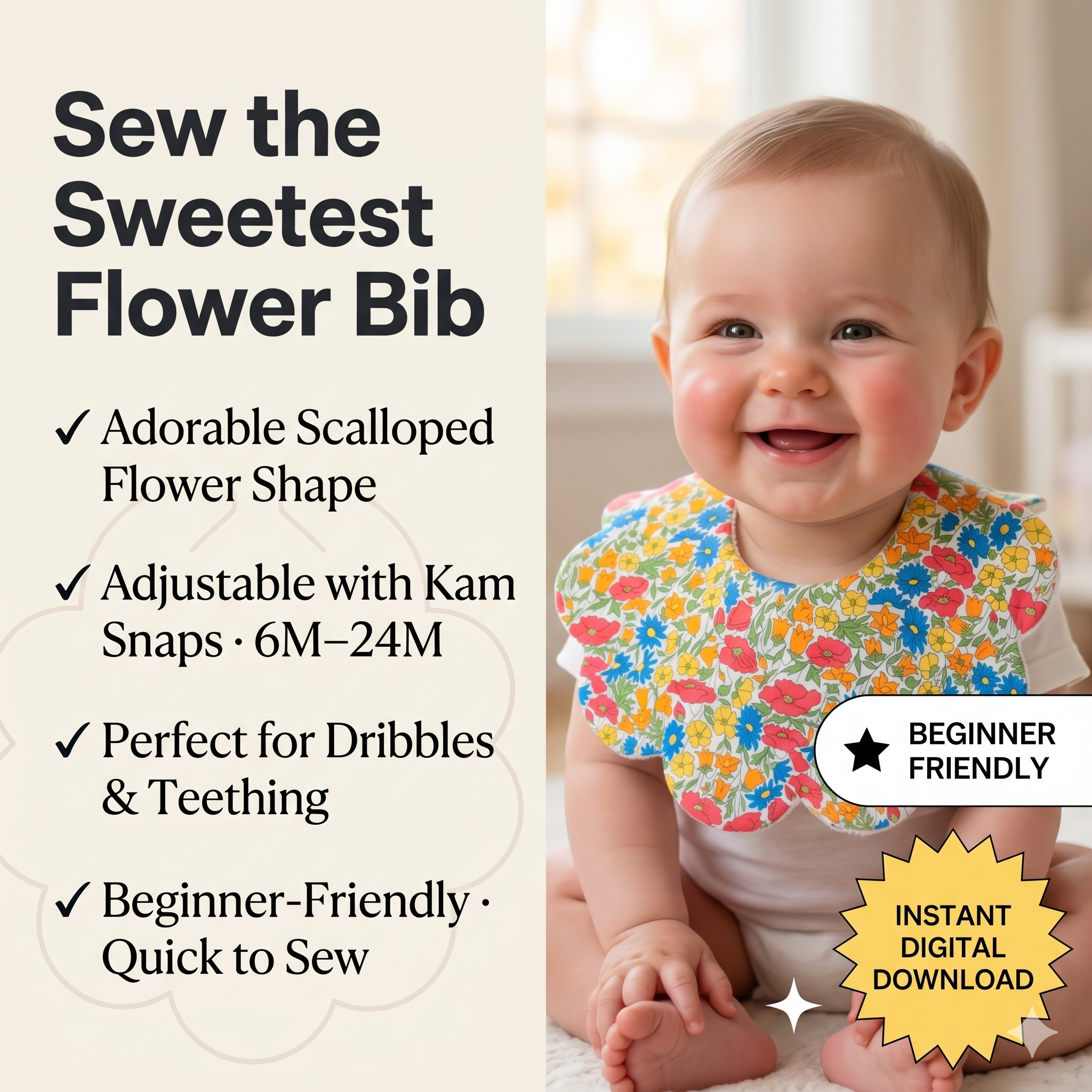 Scalloped baby bib sewing pattern, Flower bib, The original Flower bib pattern.