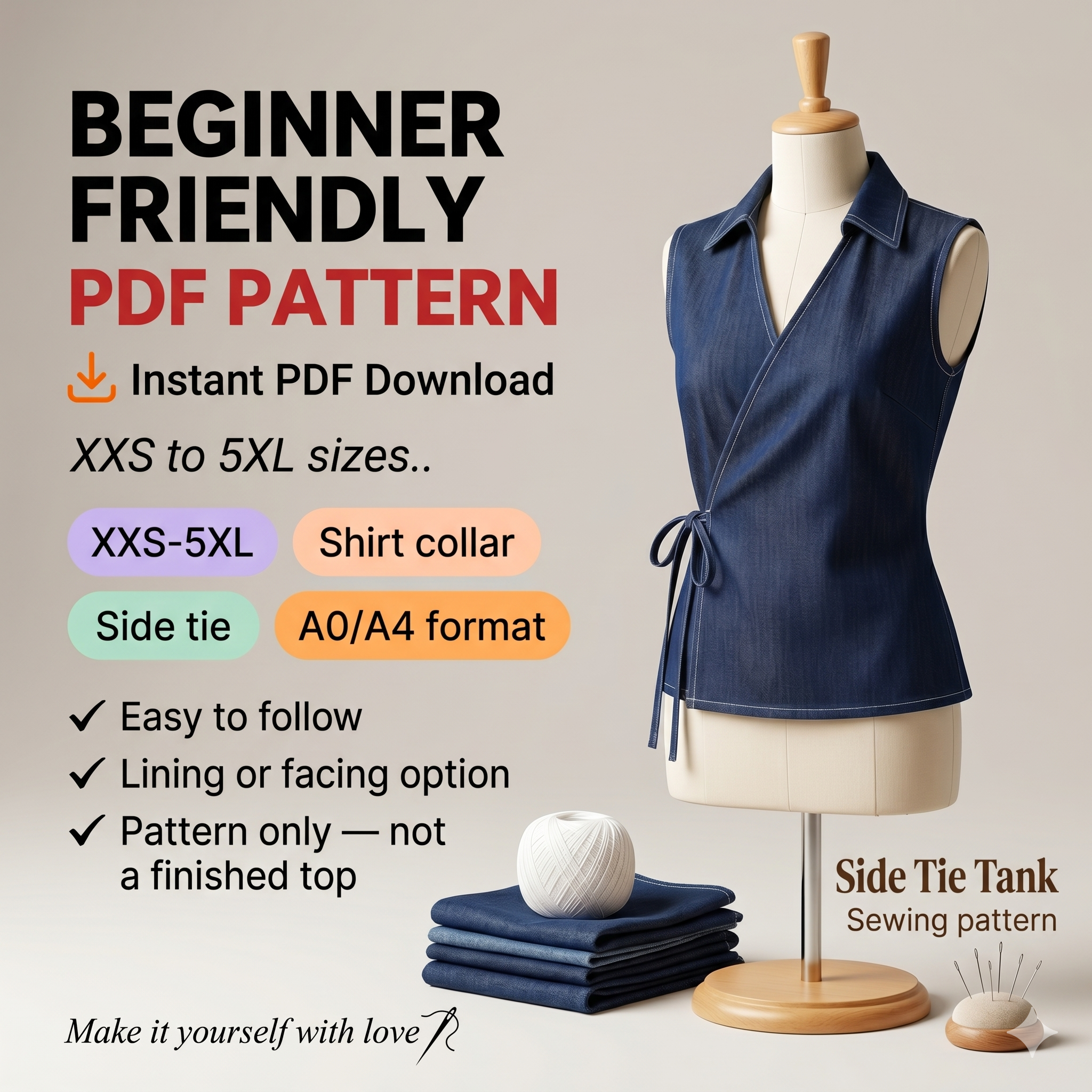 Side Tie Tank blouse Sewing Pattern | Beginner Friendly, Sizes XXS 5XL (Instant Download)