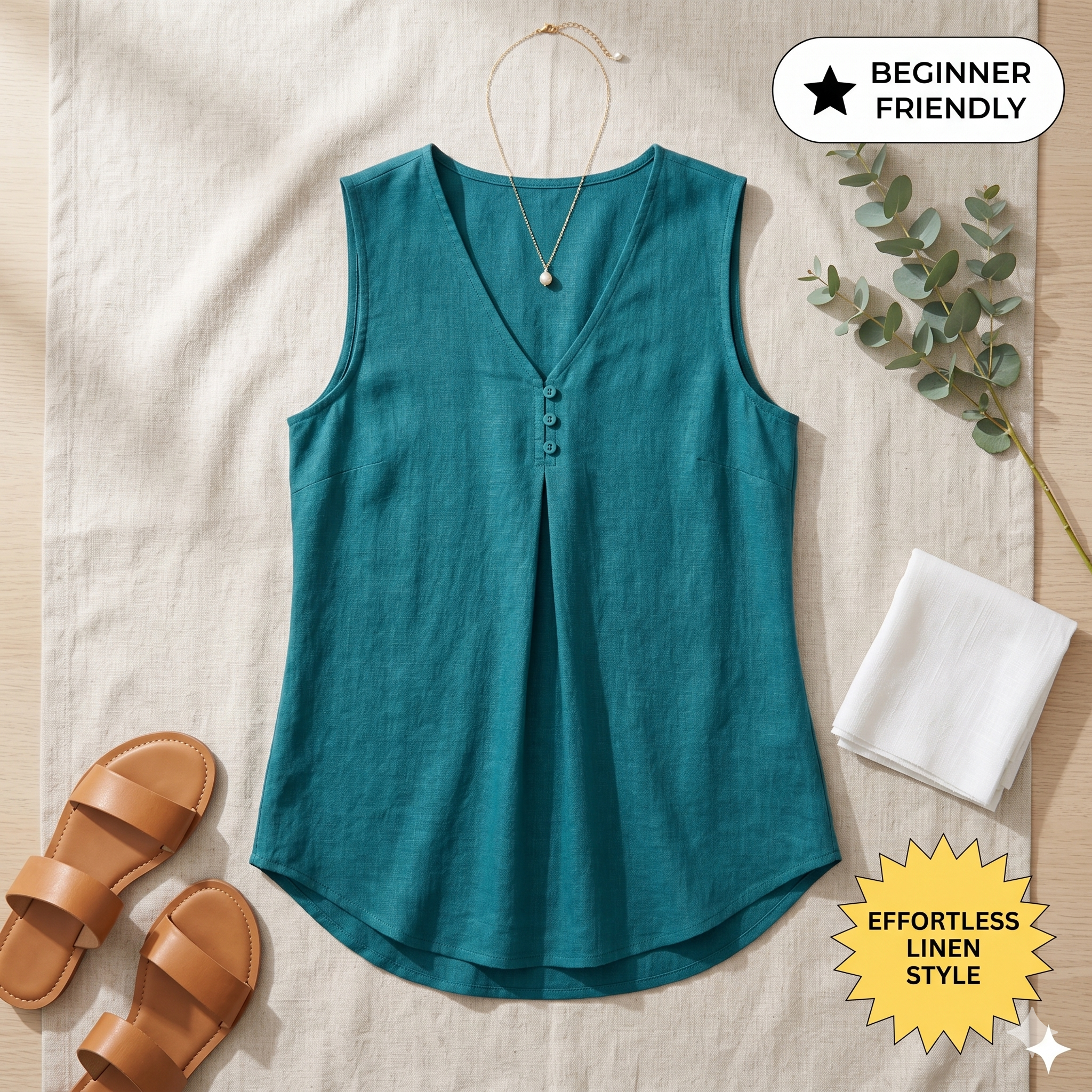 Linen Blouse Sewing PDF Pattern, Women V Neck Top Pdf, Easy Sleeveless Loose Fit Summer Shirt, Sizes XS-3XL, Beginner Friendly DIY Tutorial