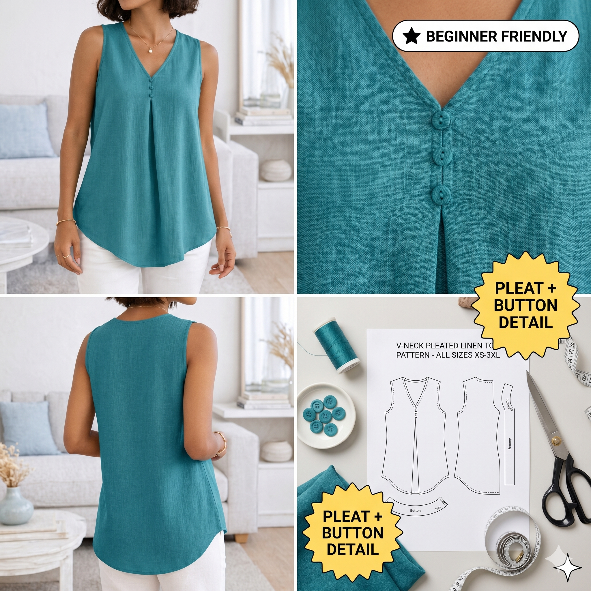 Linen Blouse Sewing PDF Pattern, Women V Neck Top Pdf, Easy Sleeveless Loose Fit Summer Shirt, Sizes XS-3XL, Beginner Friendly DIY Tutorial