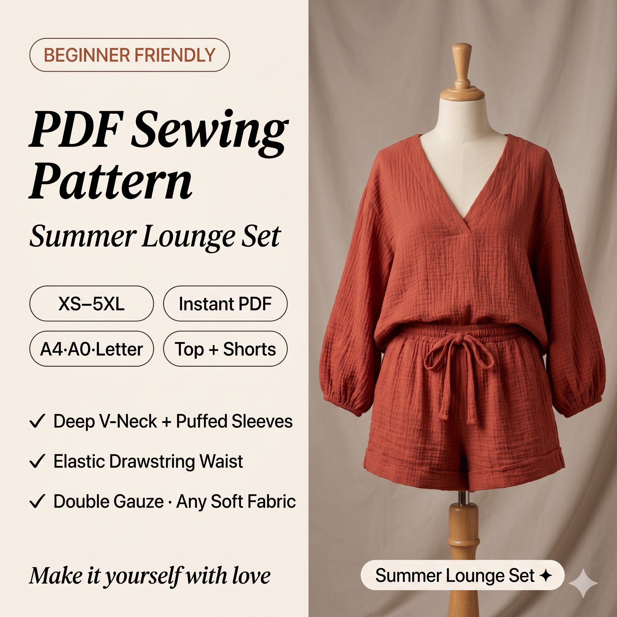 Summer Set Sewing Pattern Loose Women Plus Size Loungewear Set DIY Outfit Beginner Friendly