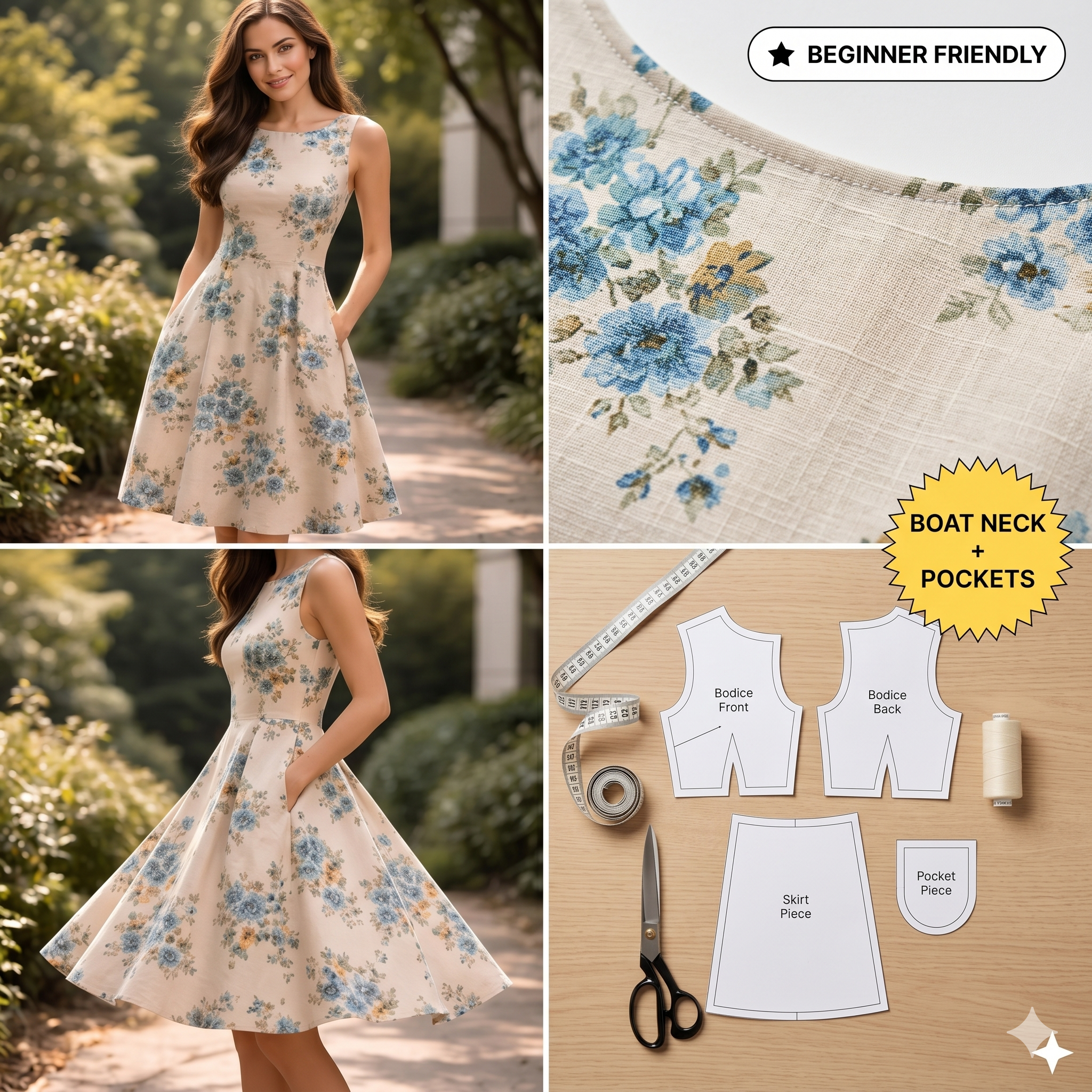 Sundress Sewing Pattern Boat Neckline Sleeveless Dress Beginner Friendly Tutorial A Line Outfit