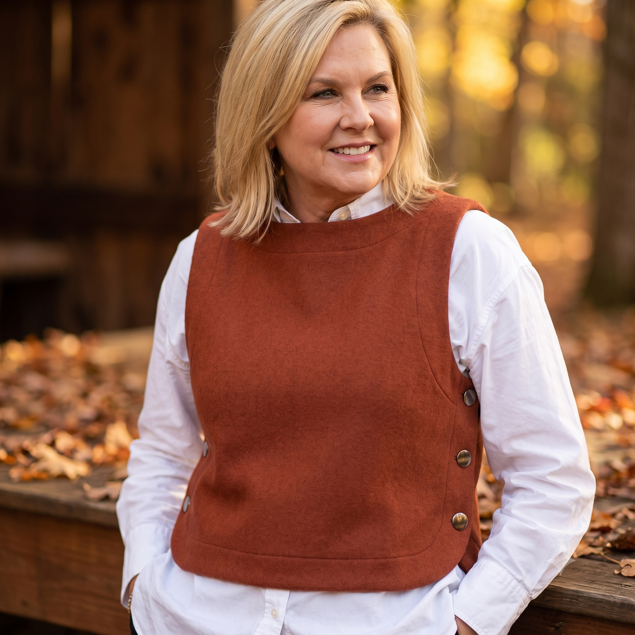 Téva Slipover Sewing Pattern – PDF Layering Vest Pattern – Sizes 34 to 52 EU – Sleeveless Knit Top with Side Buttons – Beginner Knit Project – Instant Download