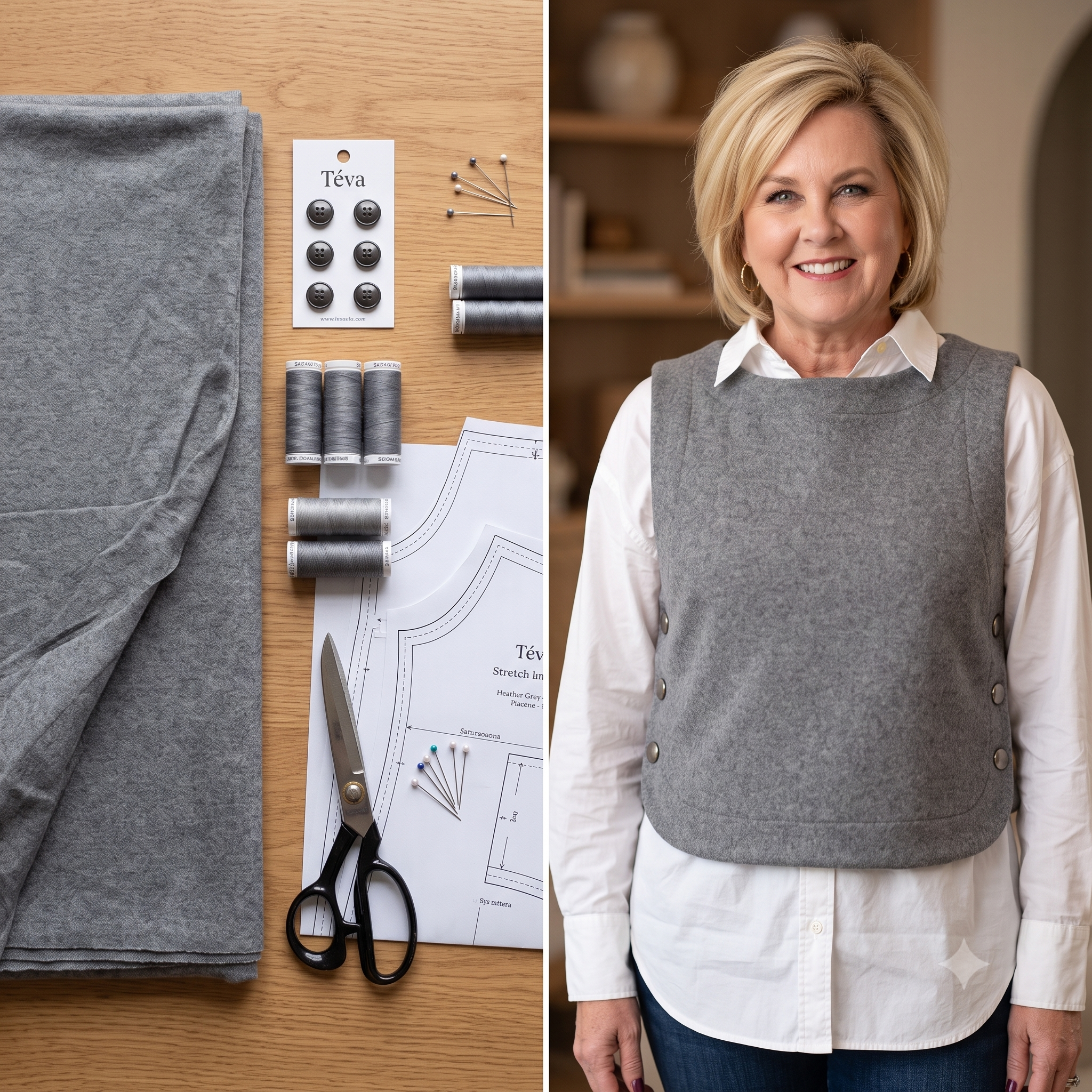 Téva Slipover Sewing Pattern – PDF Layering Vest Pattern – Sizes 34 to 52 EU – Sleeveless Knit Top with Side Buttons – Beginner Knit Project – Instant Download