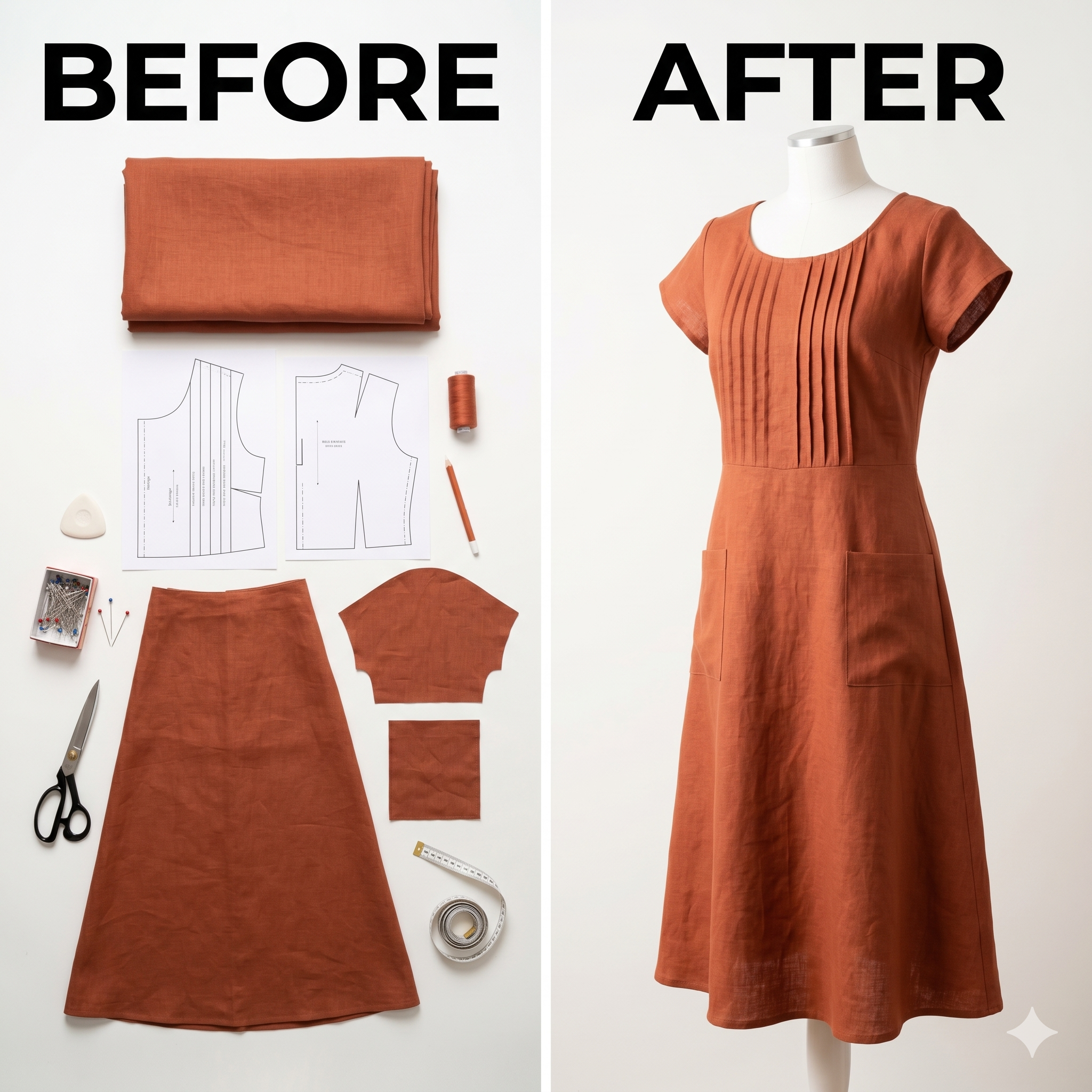 Linen Dress Sewing Pattern PDF | Raised Tucks A-Line Midi Dress