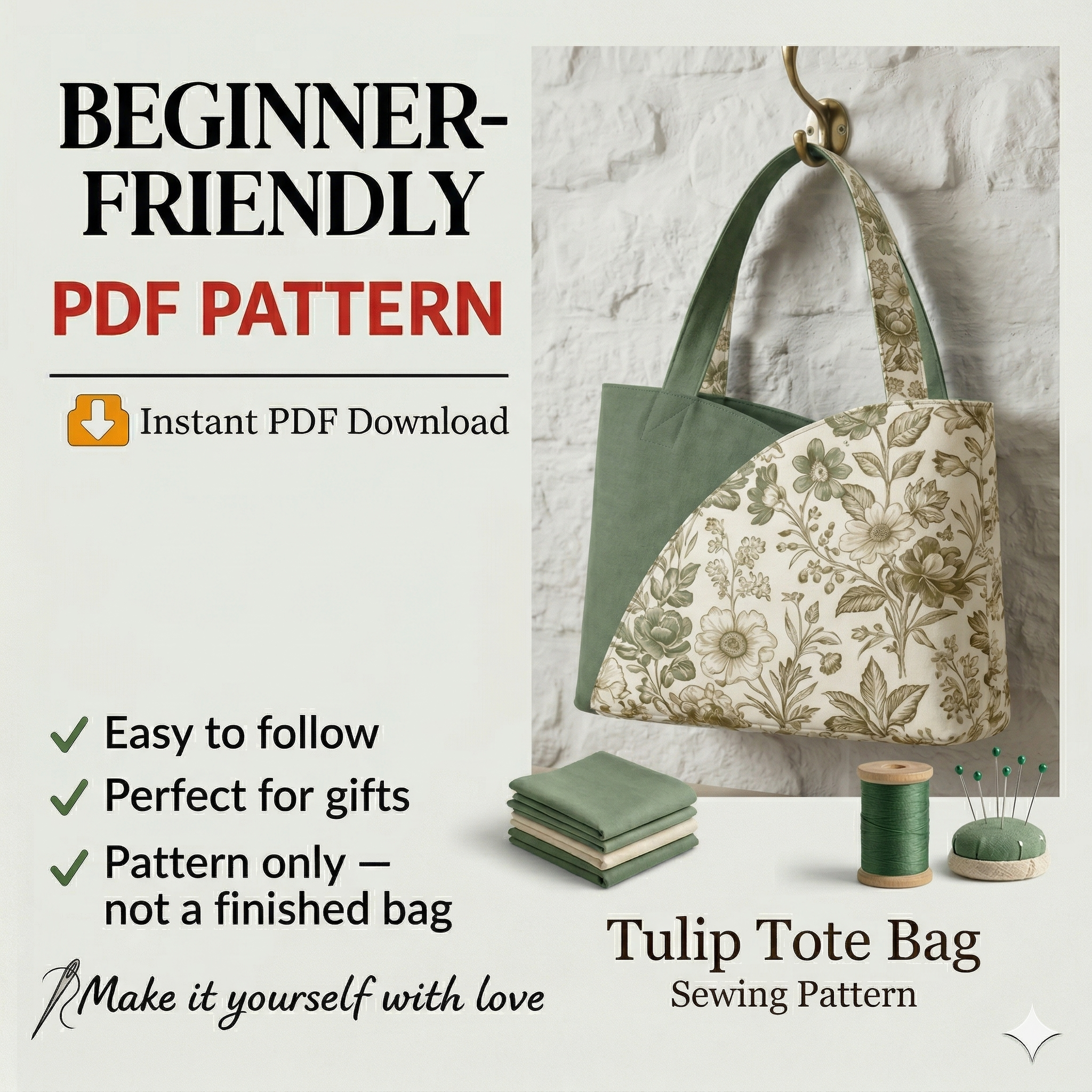 Tulip Tote Bag Sewing Pattern PDF | Beginner Friendly Tote Bag Tutorial | DIY Fabric Handbag | Printable Pattern A4 A0 US Letter