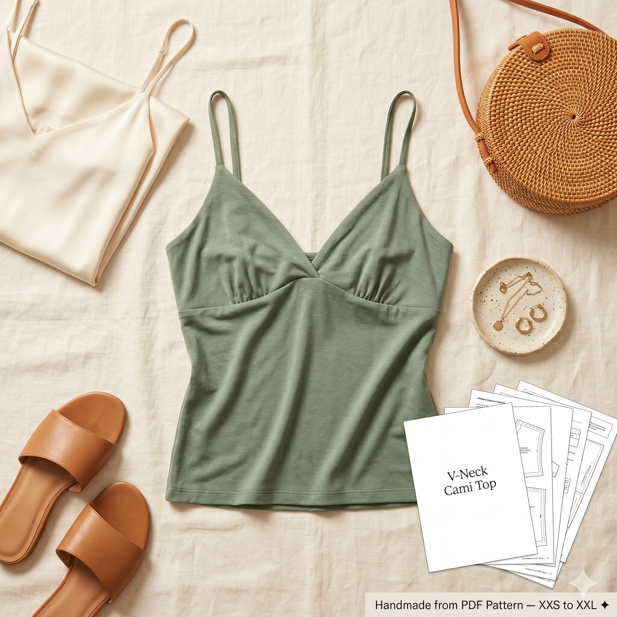 V Neck Cami Top PDF Sewing Pattern | Fitted Spaghetti Strap Tank Top Jersey Beginner Friendly Women XXS-XXL Instant Download