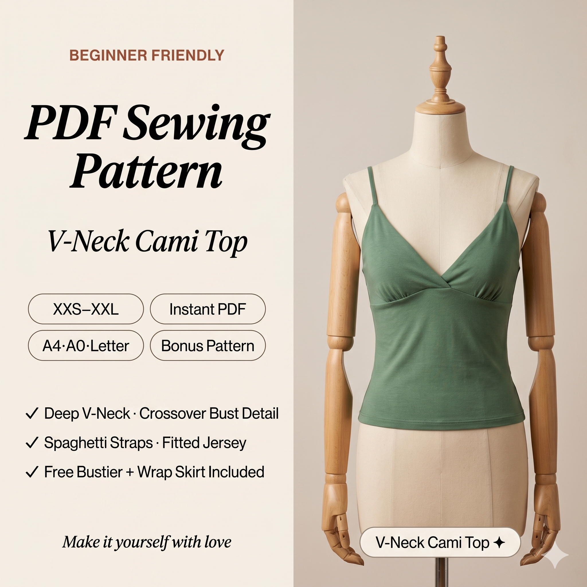 V Neck Cami Top PDF Sewing Pattern | Fitted Spaghetti Strap Tank Top Jersey Beginner Friendly Women XXS-XXL Instant Download
