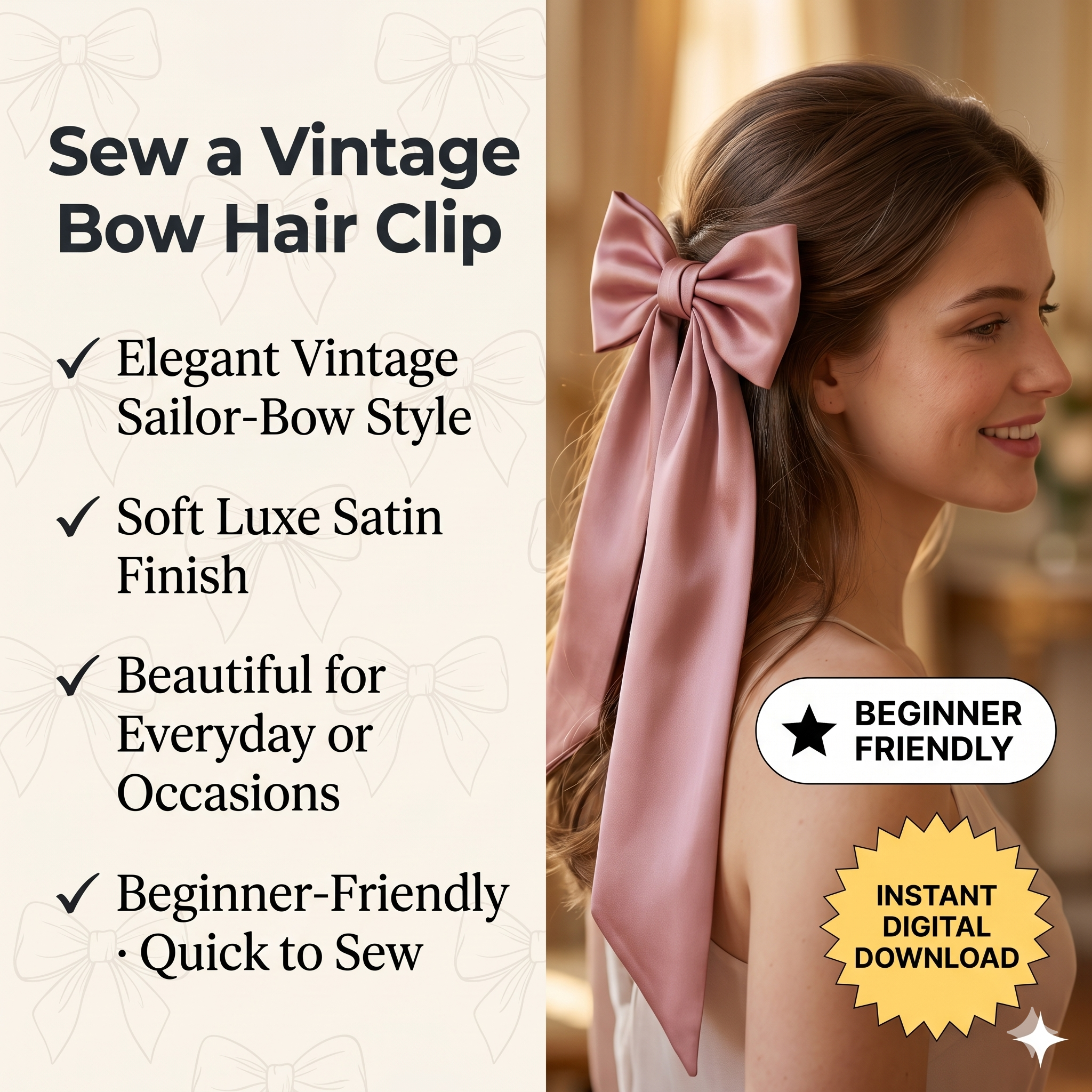 Pattern - Vintage Bow Hair Clip Sewing PDF Pattern | Sewing digital Pattern | Hair clip sewing pdf pattern