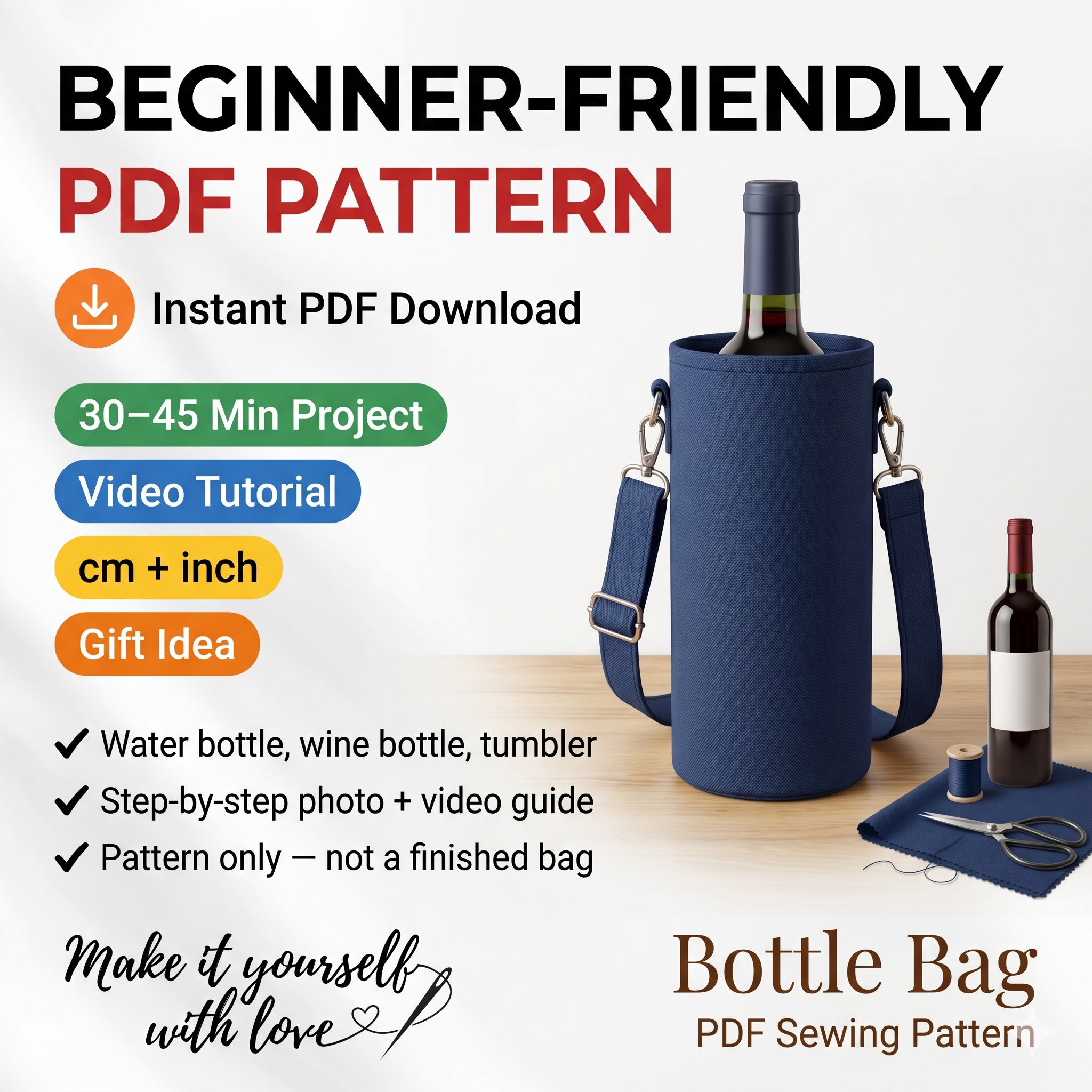 Water Bottle Bag Pattern, Wine Bag Tutorial PDF