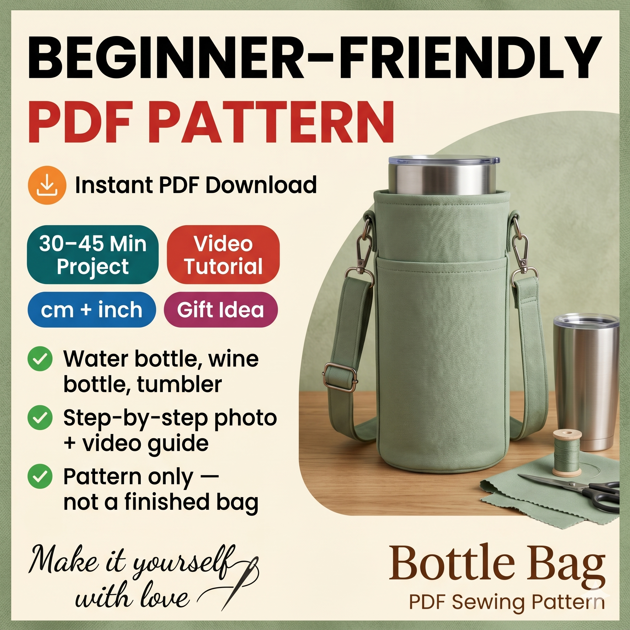 Water Bottle Bag Pattern, Wine Bag Tutorial PDF