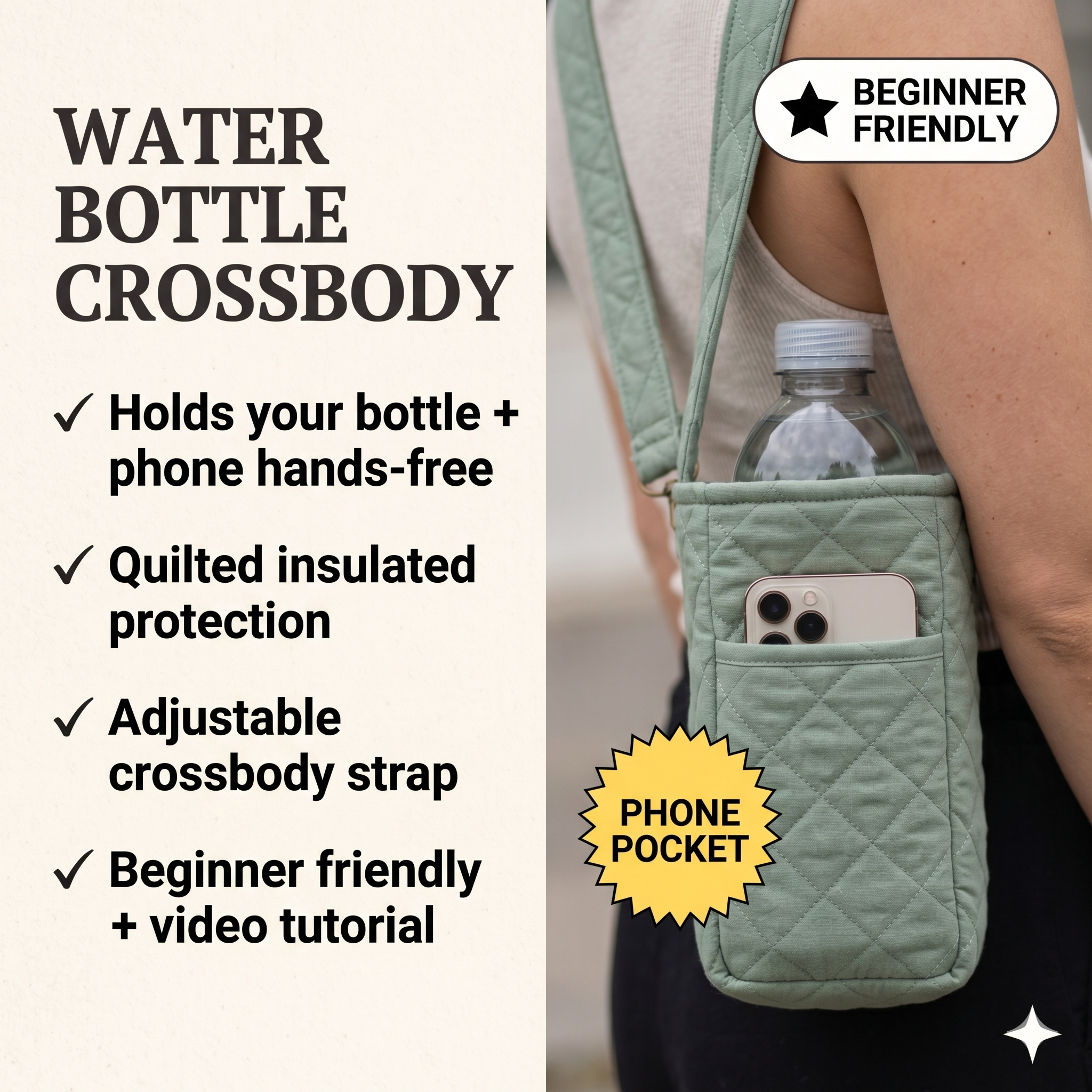 Water Bottle Holder pattern and tutorial, Water Bottle Carrier Sewing Pattern | VIDEO + PDF | Instant Download