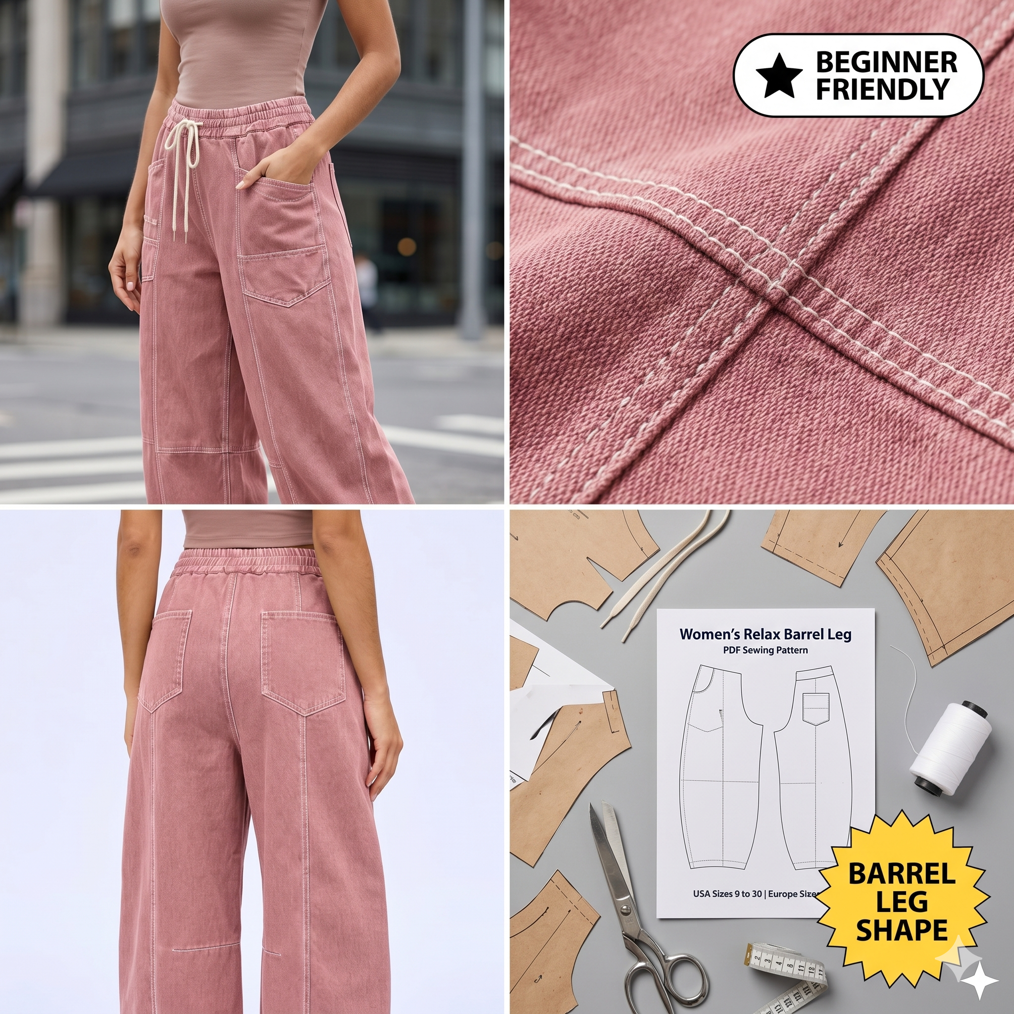 Women's Barrel Leg Pants Sewing Pattern – Utility Cargo Style (Sizes 0-20) (PDF Pattern)