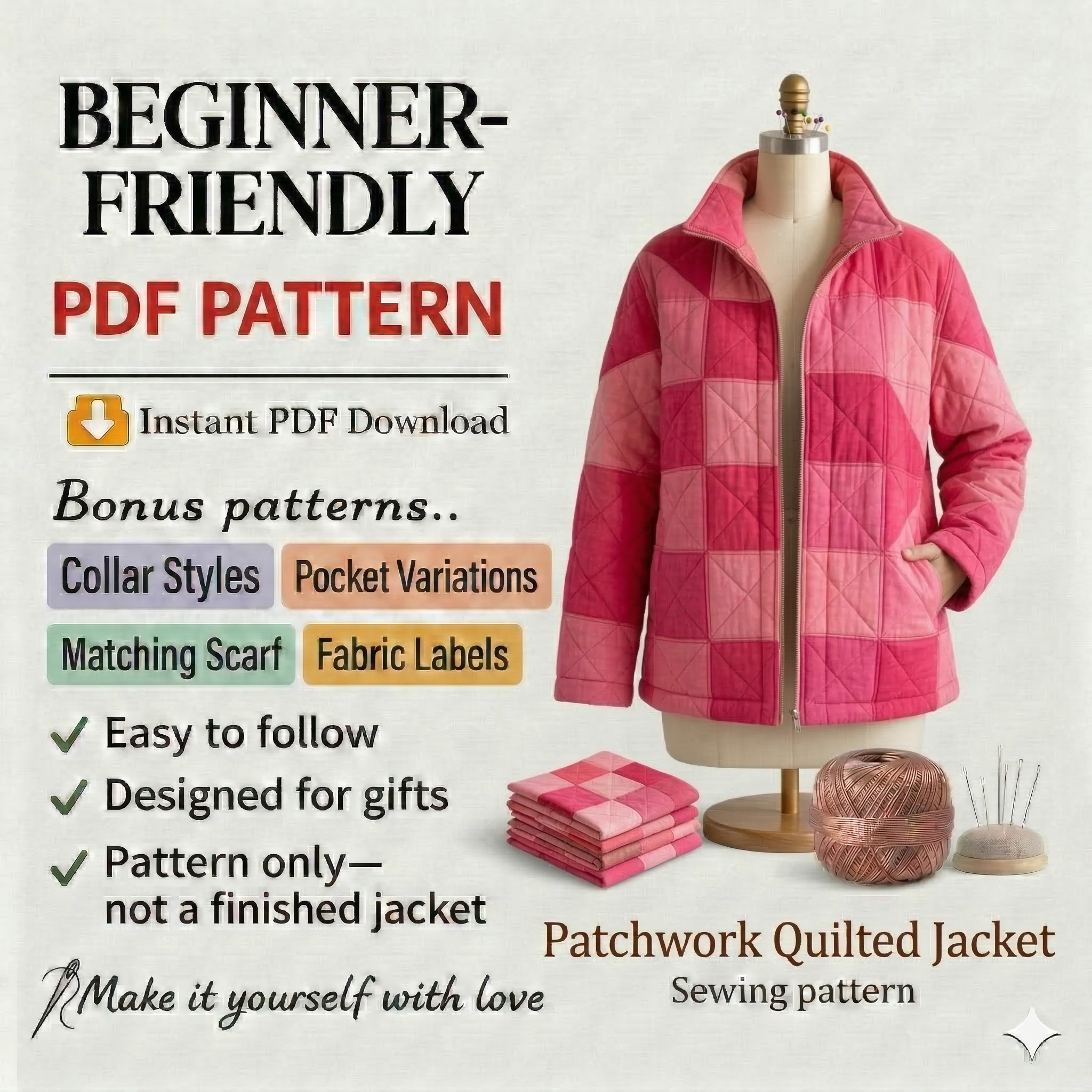 Quilted Patchwork Jacket PDF Sewing Pattern – Women’s Coat Pattern – Instant Download