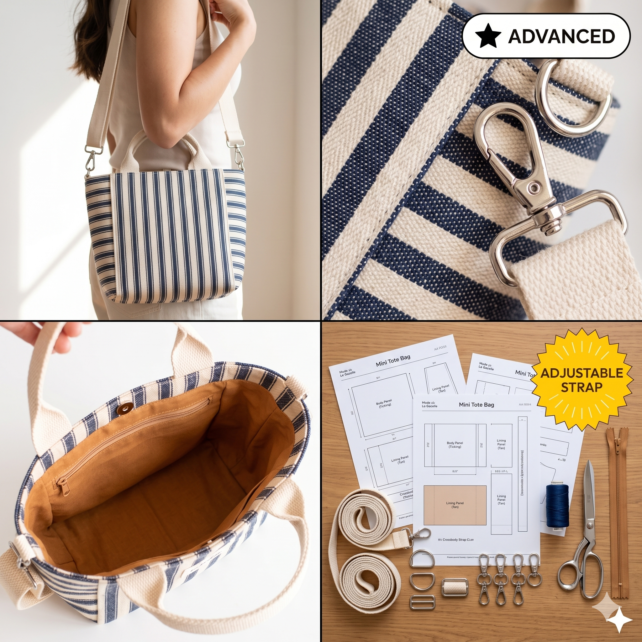 Mini Tote Bag Sewing Pattern, Crossbody Bag, Zipper Pocket
