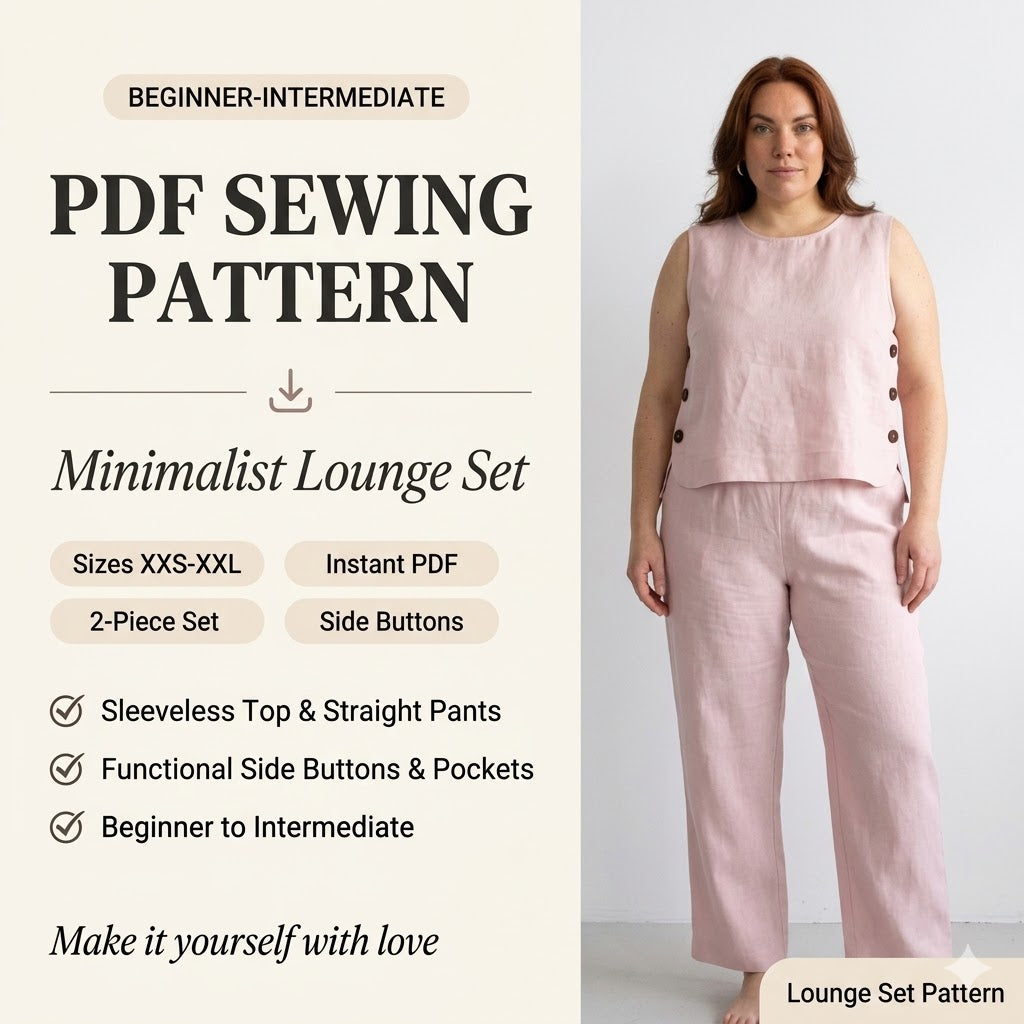 Minimalist Lounge Set Sewing Pattern, Sleeveless Top & Straight Leg Pants (PDF Pattern, Size XXS-XXL)