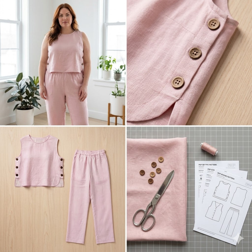 Minimalist Lounge Set Sewing Pattern, Sleeveless Top & Straight Leg Pants (PDF Pattern, Size XXS-XXL)