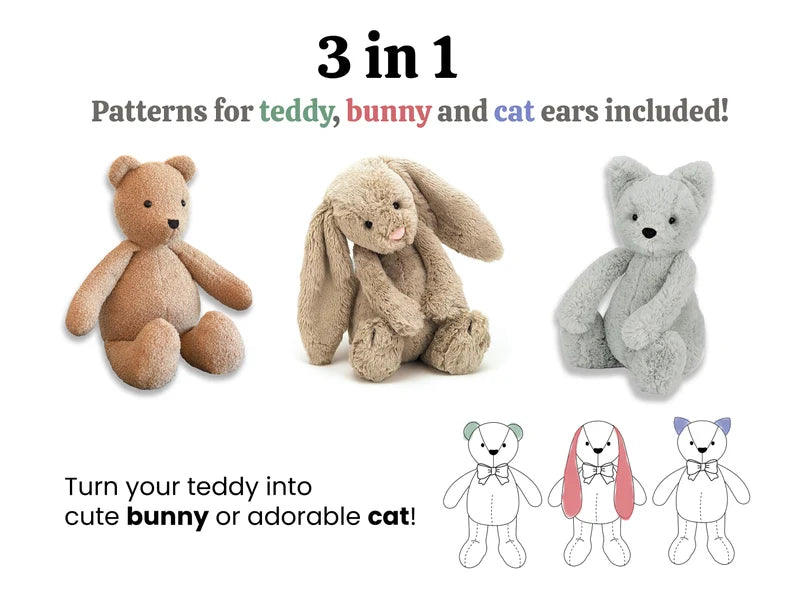 Teddy Bear Pattern, Bunny Sewing Pattern, VIDEO tutorial, rabbit pattern, keepsake bear, Memorial Bear Pattern, cat plushie, Memory Bear Toy