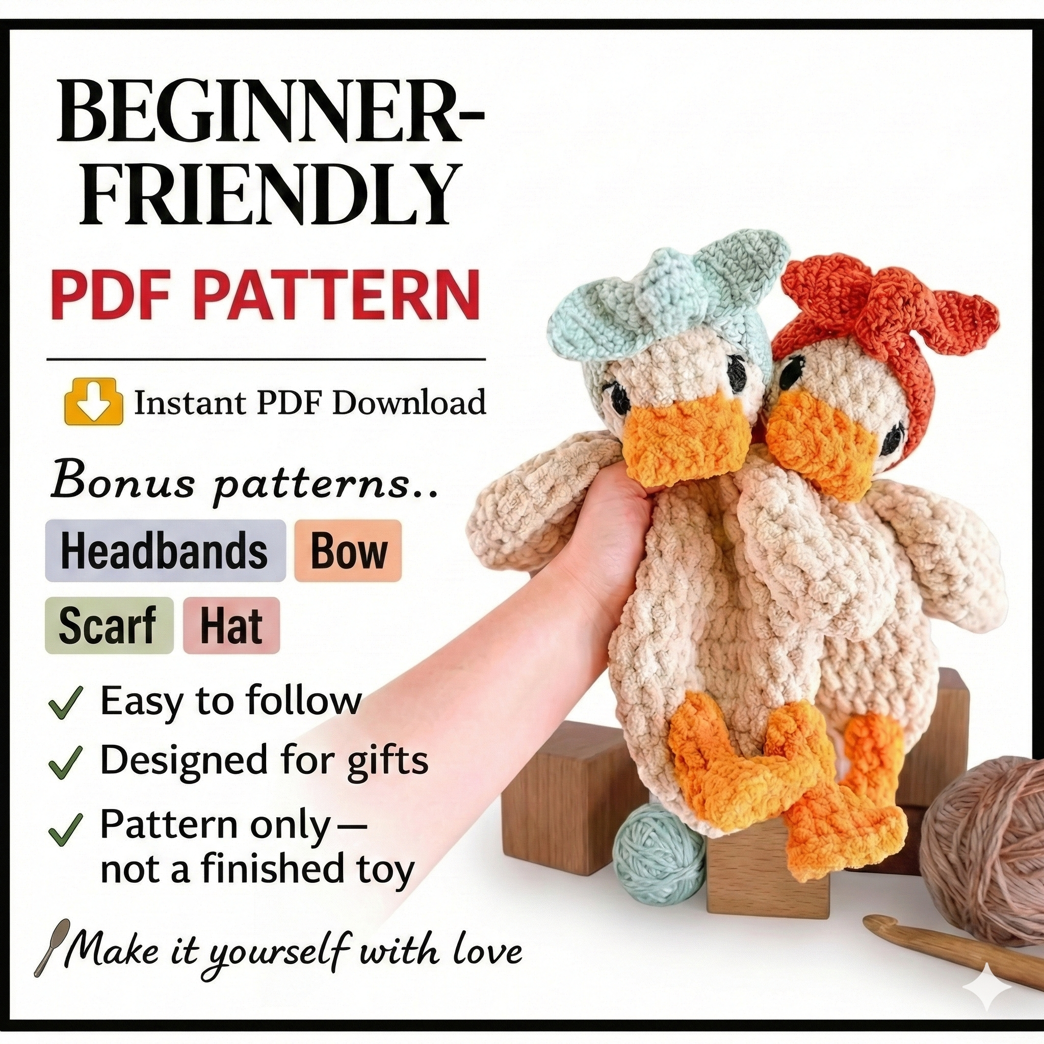Duck Lovey Crochet Pattern: Low Sew Amigurumi (PDF Pattern)