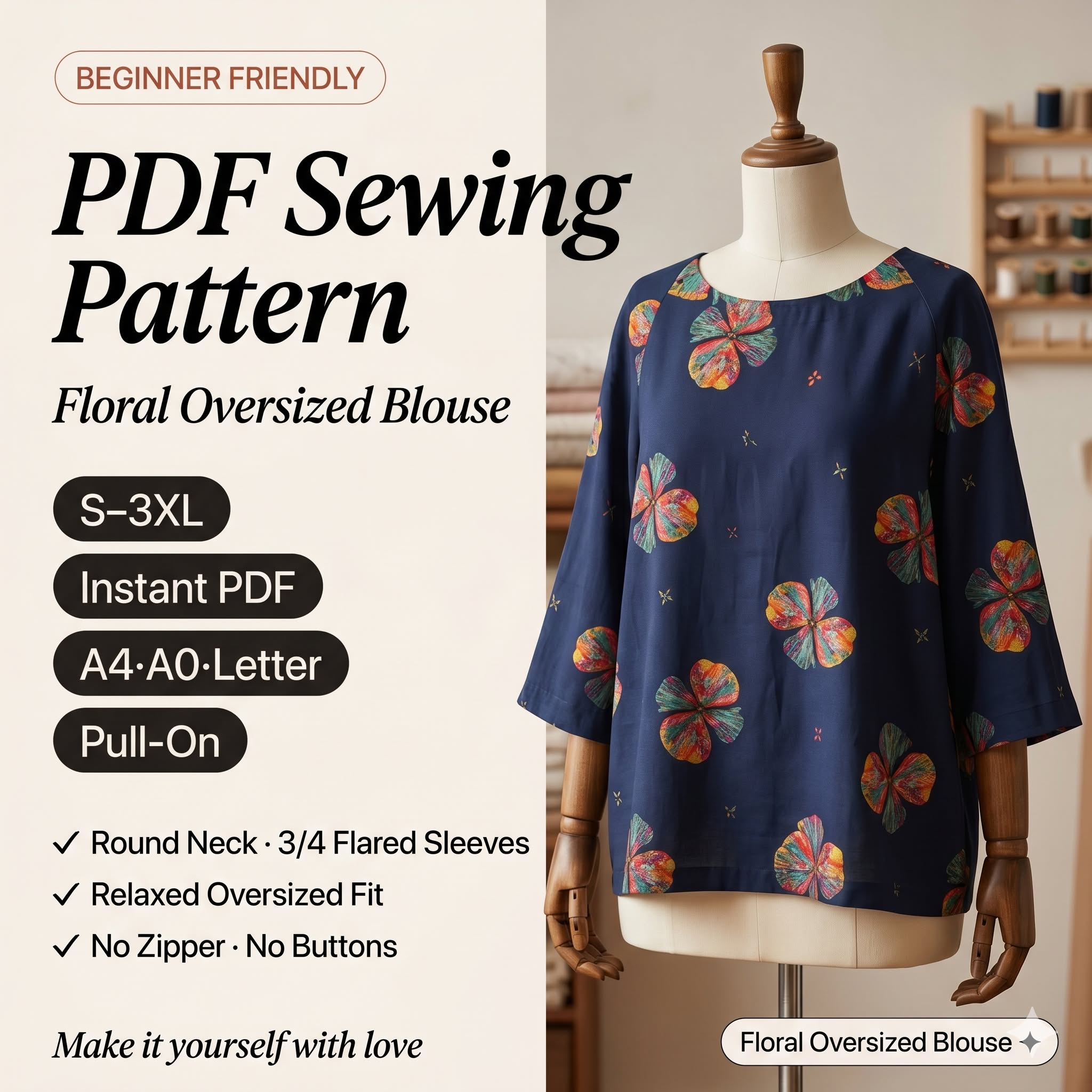 Floral Cotton Shirt โ Instant Download PDF Sewing Pattern