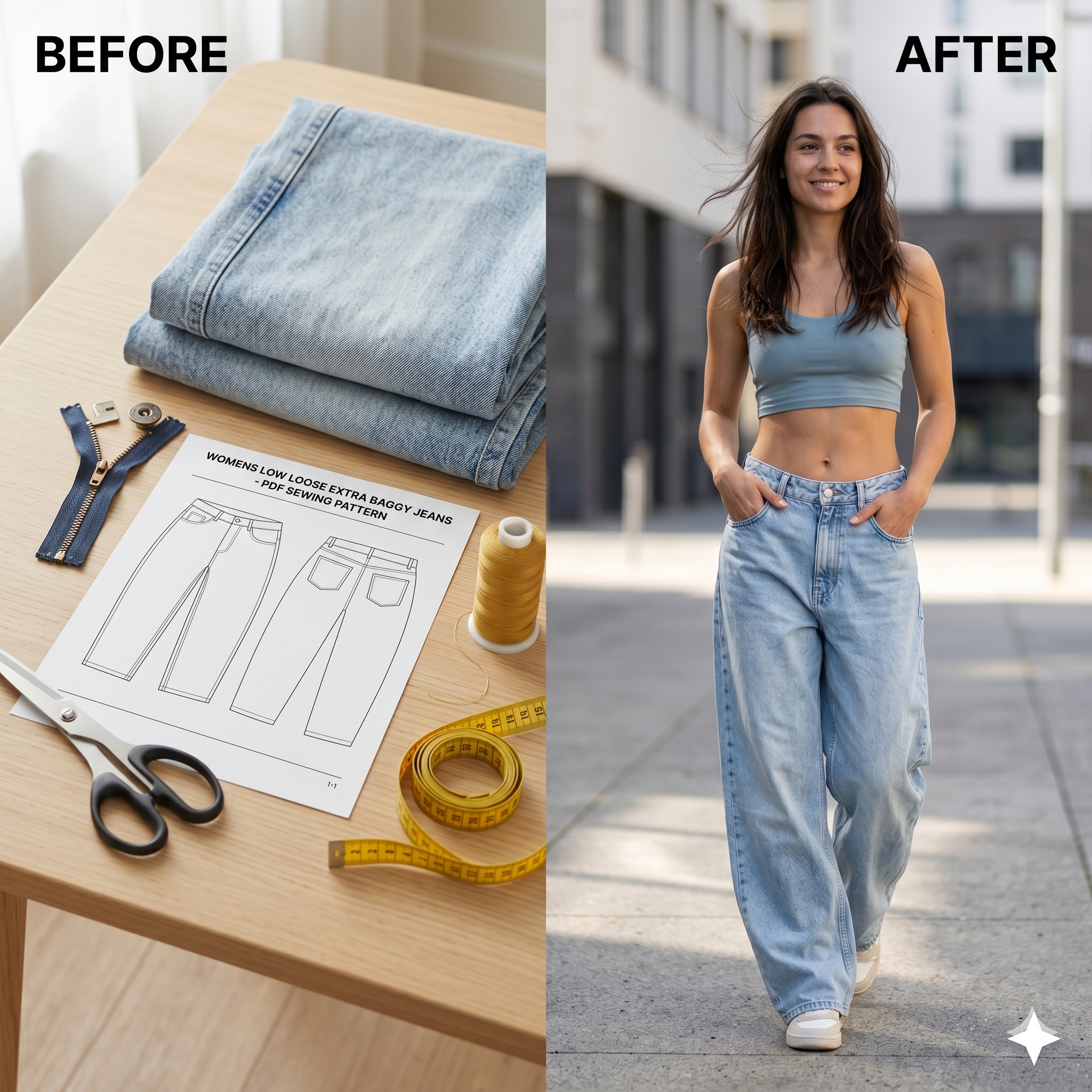 women's 90 Inspired Low Loose Baggy Jeans Pattern | Wide Leg Denim Pants | Digital PDF Sewing Pattern-Extra Loose Fit Denim Pattern