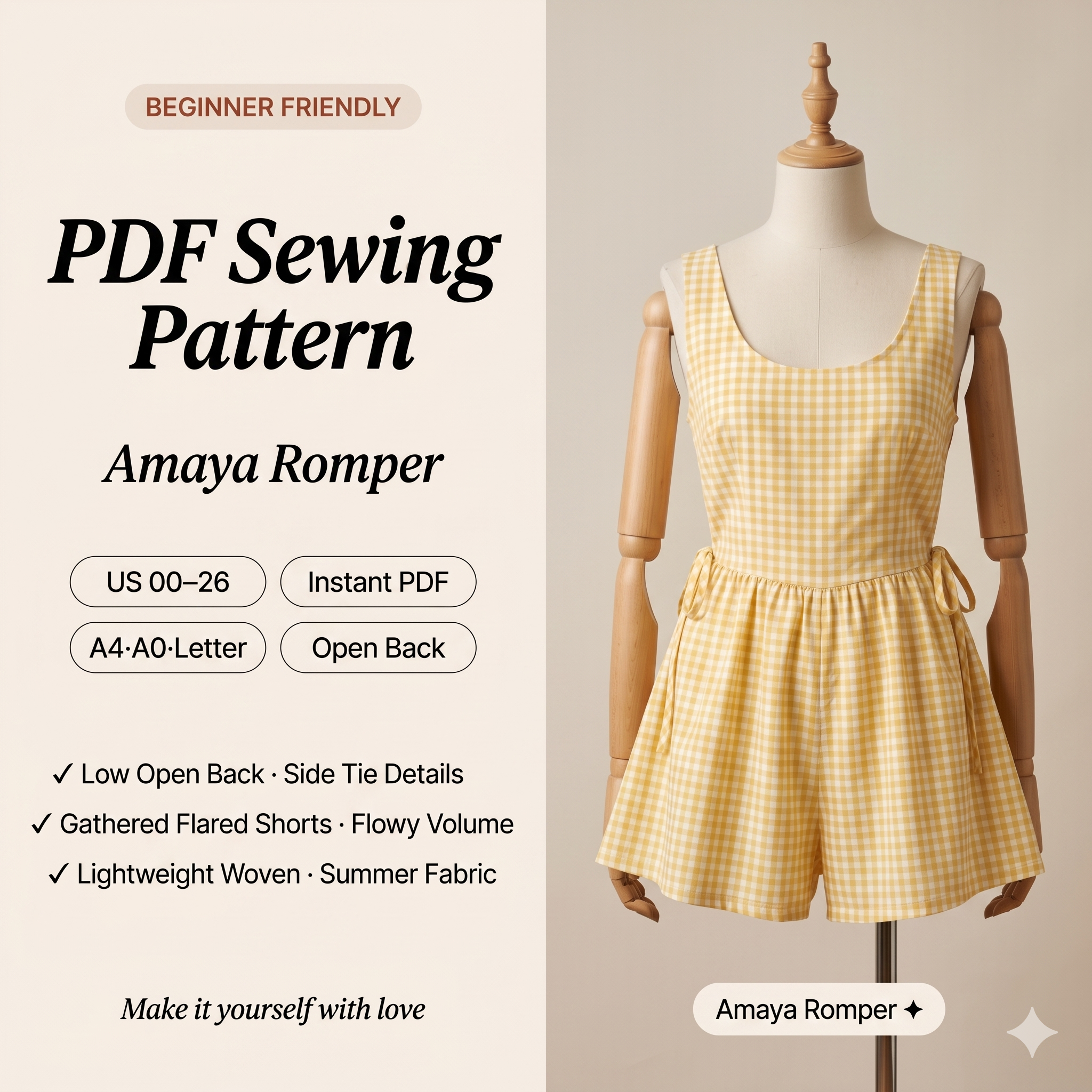 Amaya Jumpsuit Sewing Pattern, Open Back Romper, Flowy Playsuit PDF (Sizes 00-26)