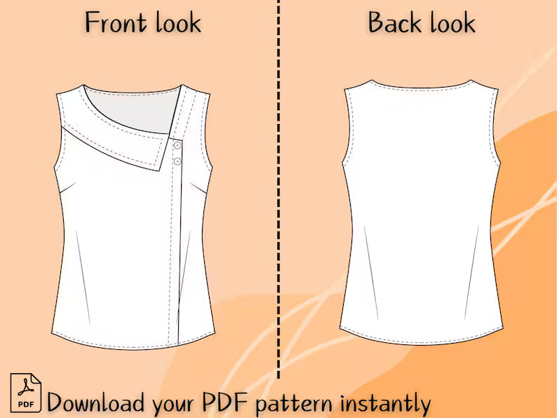 Asymmetrical Summer Top Sewing Pattern, Sleeveless Blouse PDF, Women's Casual Shirt DIY, Digital Pattern For Beginner, Sizes XS–3XL