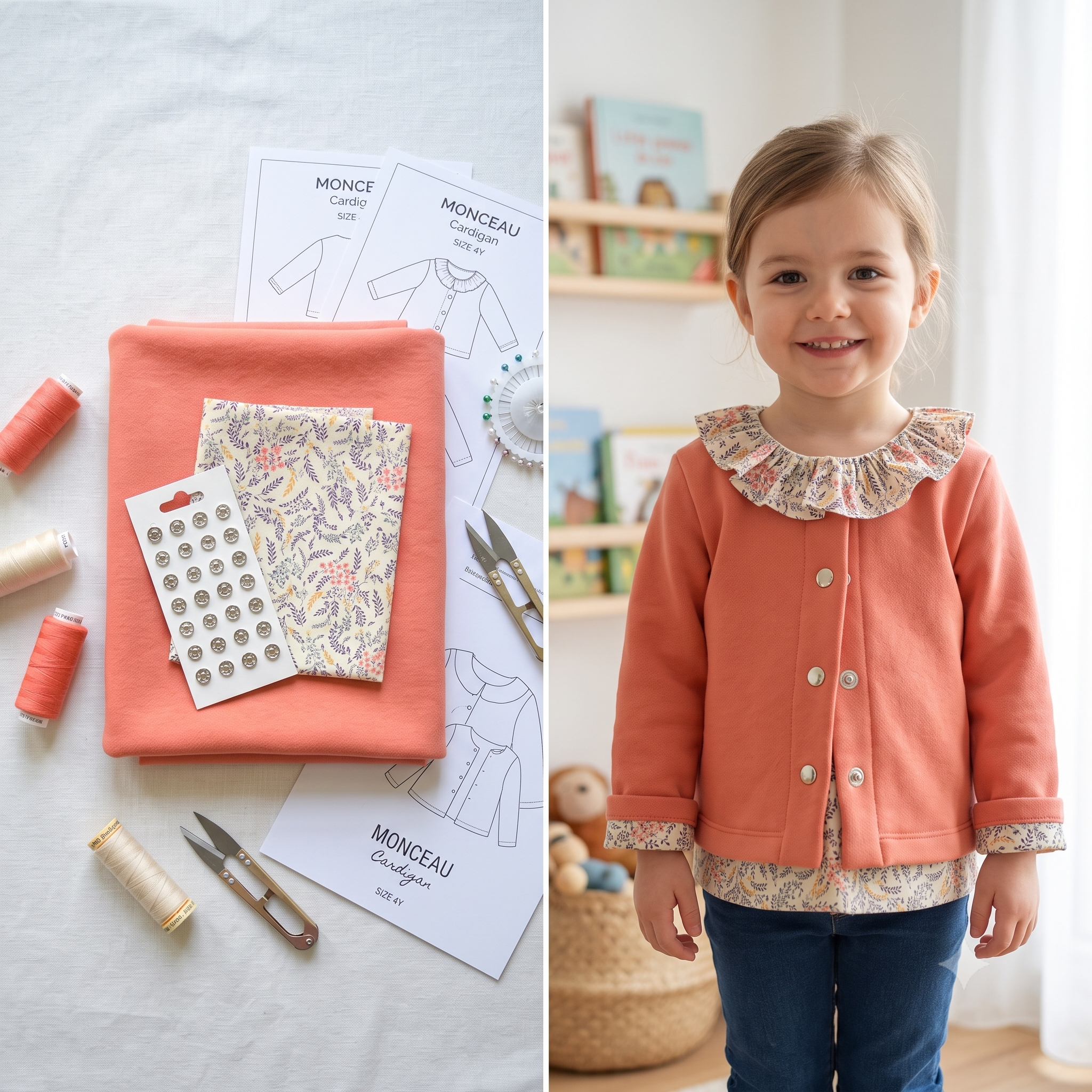 BABY & MINI MONCEAU Cardigan Sewing Pattern PDF, Kids Jersey Cardigan, Round Neck Snap Cardigan, No Overlocker, Ages 3 Months–14 Years