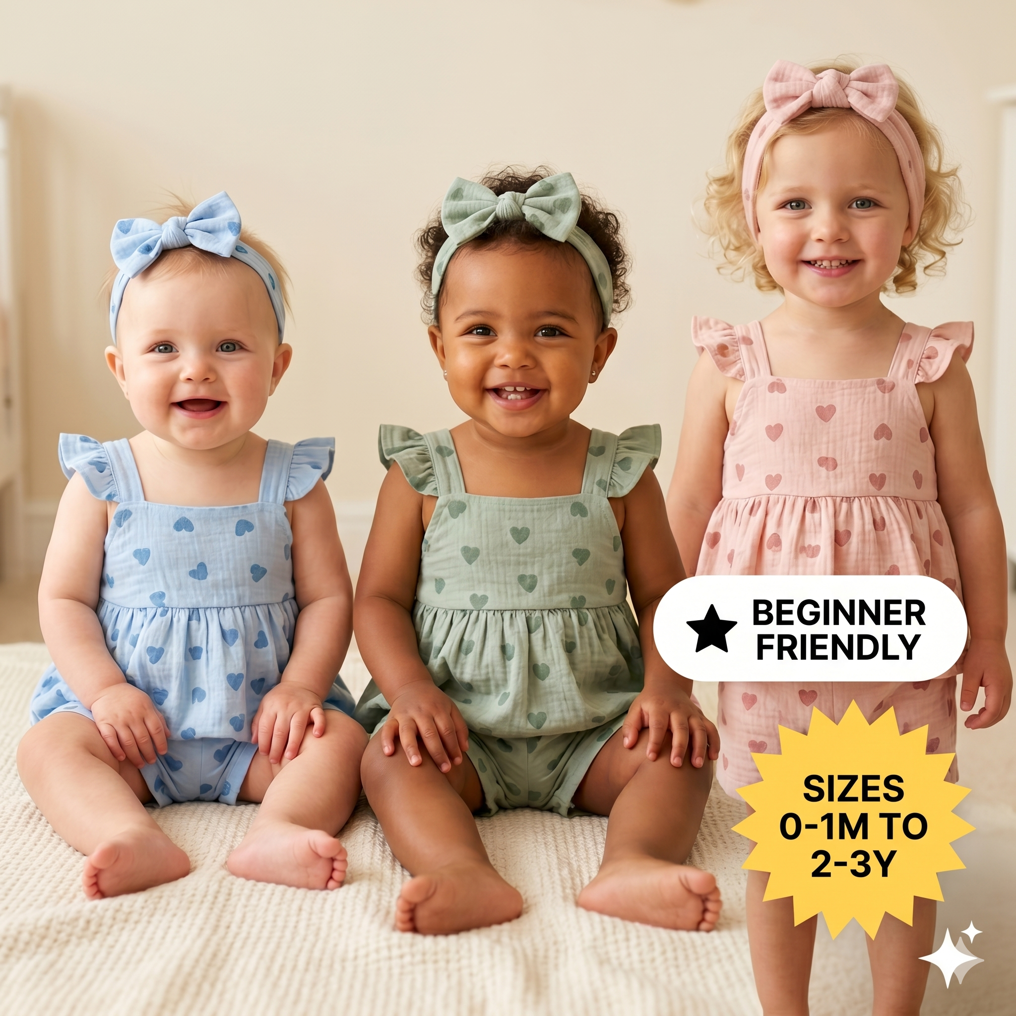Baby Girl Heart Print Ruffle Peplum Top &amp; Shorts Set – Instant Download PDF Sewing Pattern