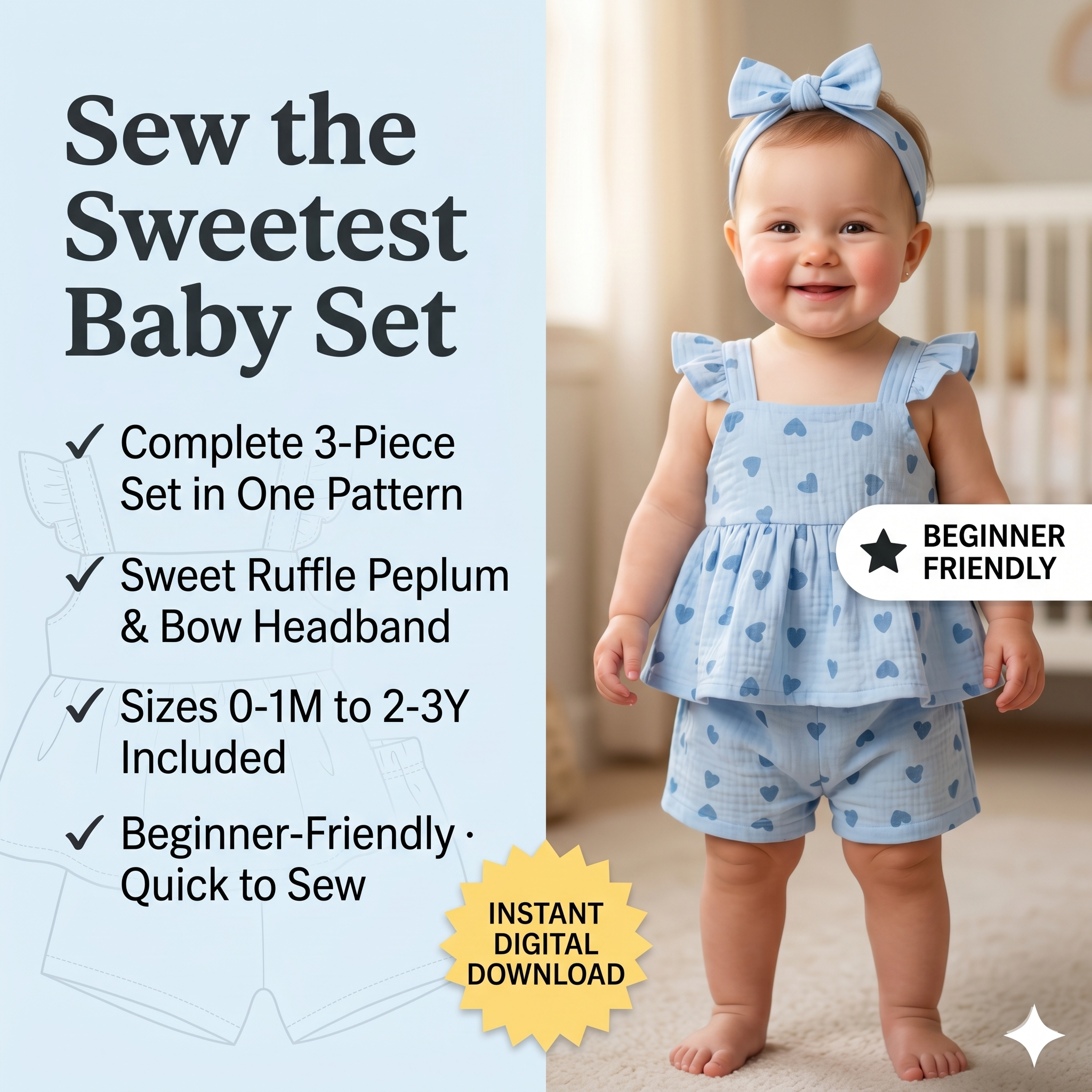 Baby Girl Heart Print Ruffle Peplum Top &amp; Shorts Set – Instant Download PDF Sewing Pattern