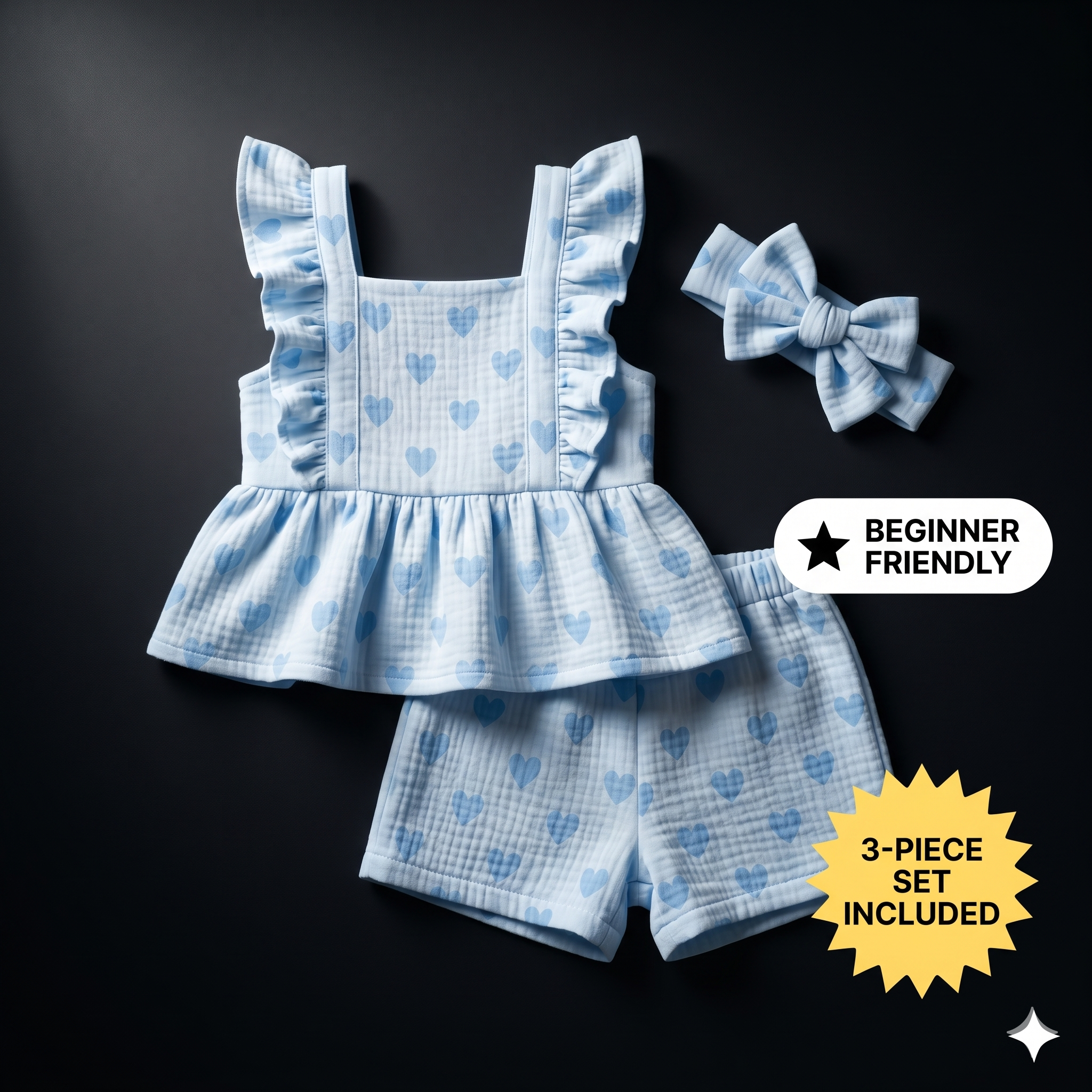 Baby Girl Heart Print Ruffle Peplum Top &amp; Shorts Set – Instant Download PDF Sewing Pattern