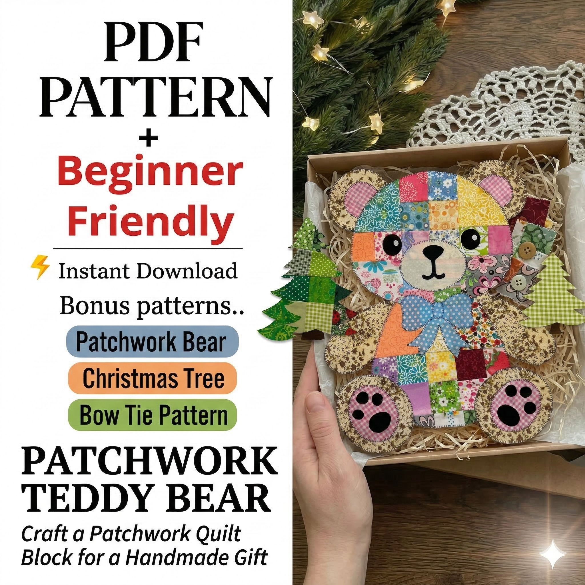 Teddy Bear Patchwork Quilt pattern, PDF Instant Download