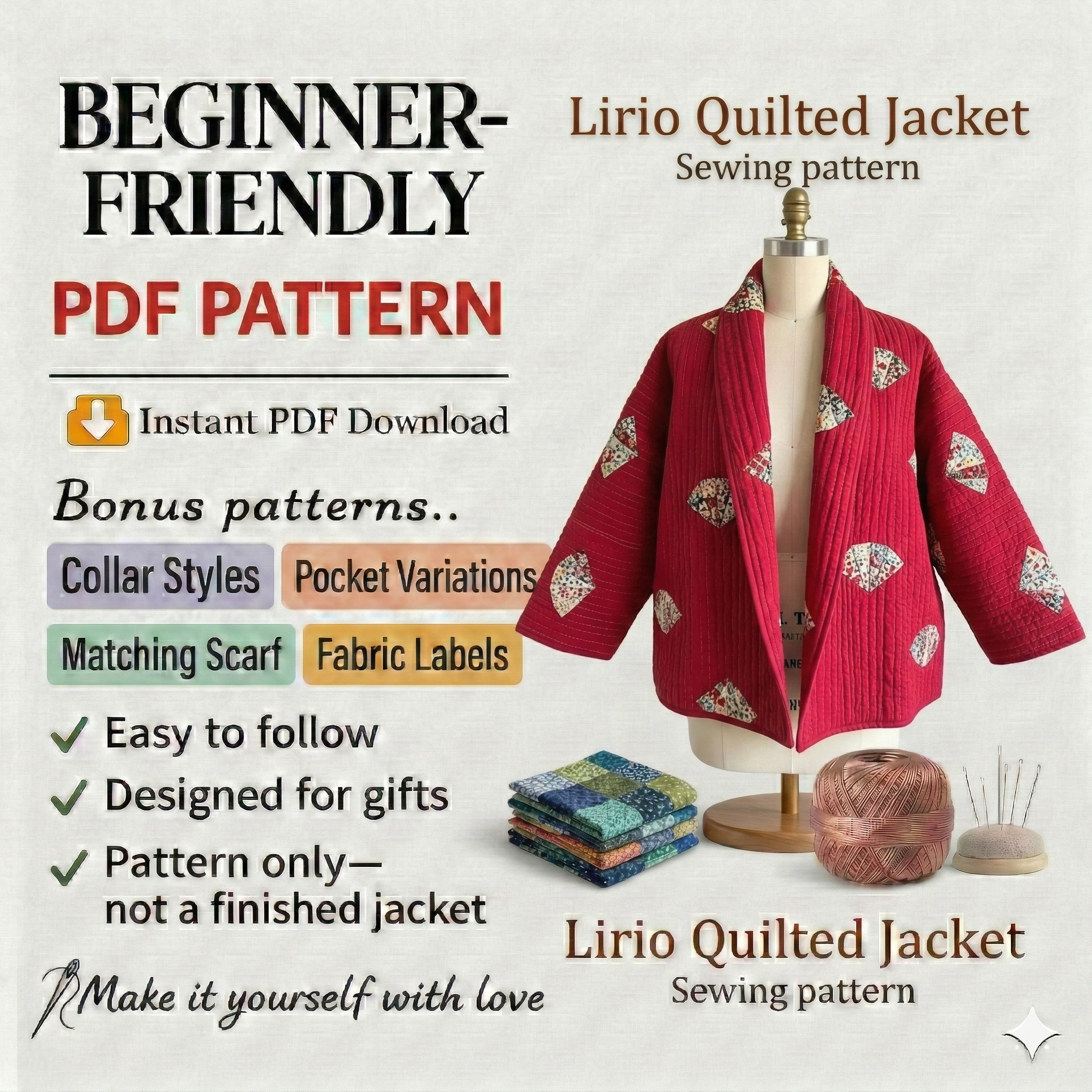Blossom Quilt coat Sewing Pattern | beginner friendly, Sizes XXS-4XL | jacket pattern |(Instant Download)