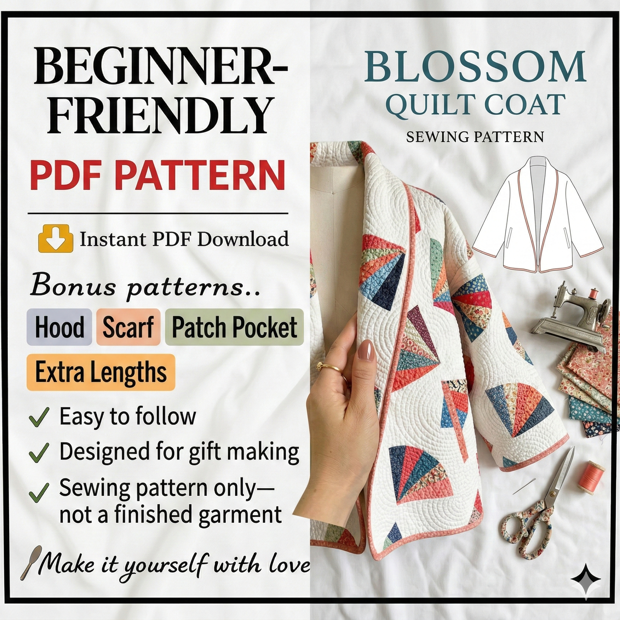 Blossom Quilt coat Sewing Pattern | beginner friendly, Sizes XXS-4XL | jacket pattern |(Instant Download)