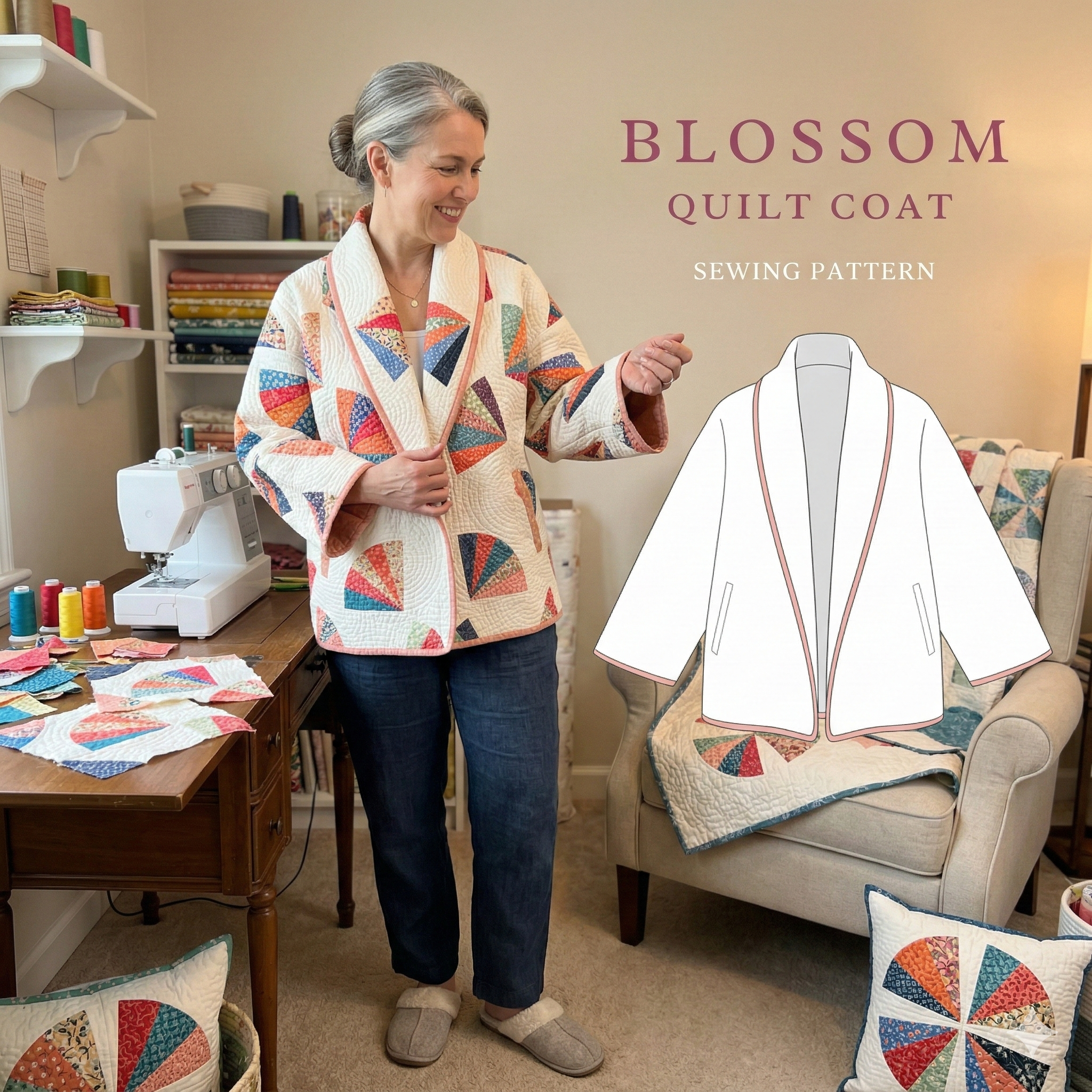 Blossom Quilt coat Sewing Pattern | beginner friendly, Sizes XXS-4XL | jacket pattern |(Instant Download)
