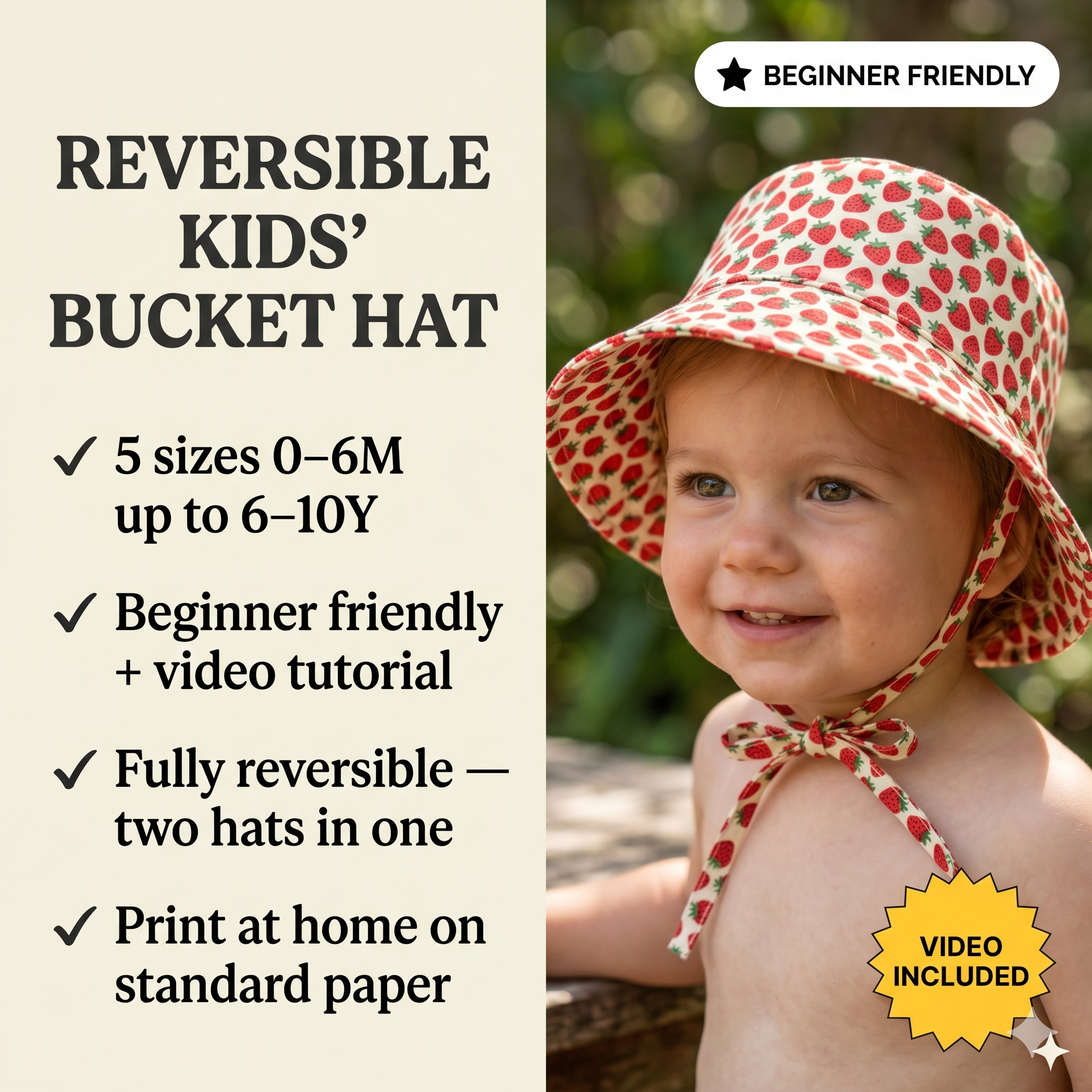 Bucket Hat Bonnet Sewing Pattern & VIDEO Tutorial | Printable PDF | Sprin g or Summer Hats | Baby, Toddler, Kids | Beginners | Boy, Girl