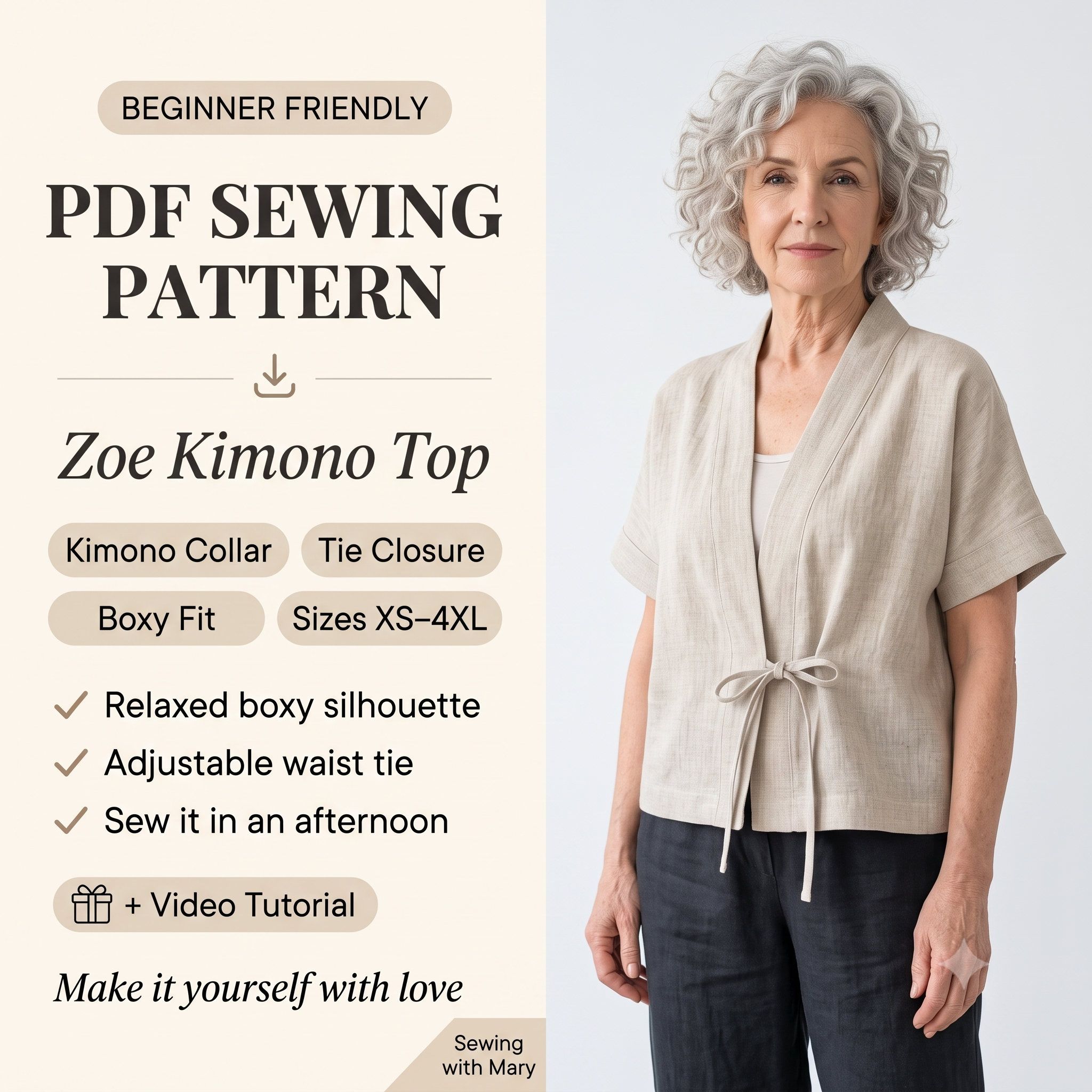 Kimono Top Sewing Pattern PDF | Zoe Boxy Kimono Pattern for Women, Tie Closure Short Sleeve Top, Beginner, Sizes XS-4XL, Instant Download
