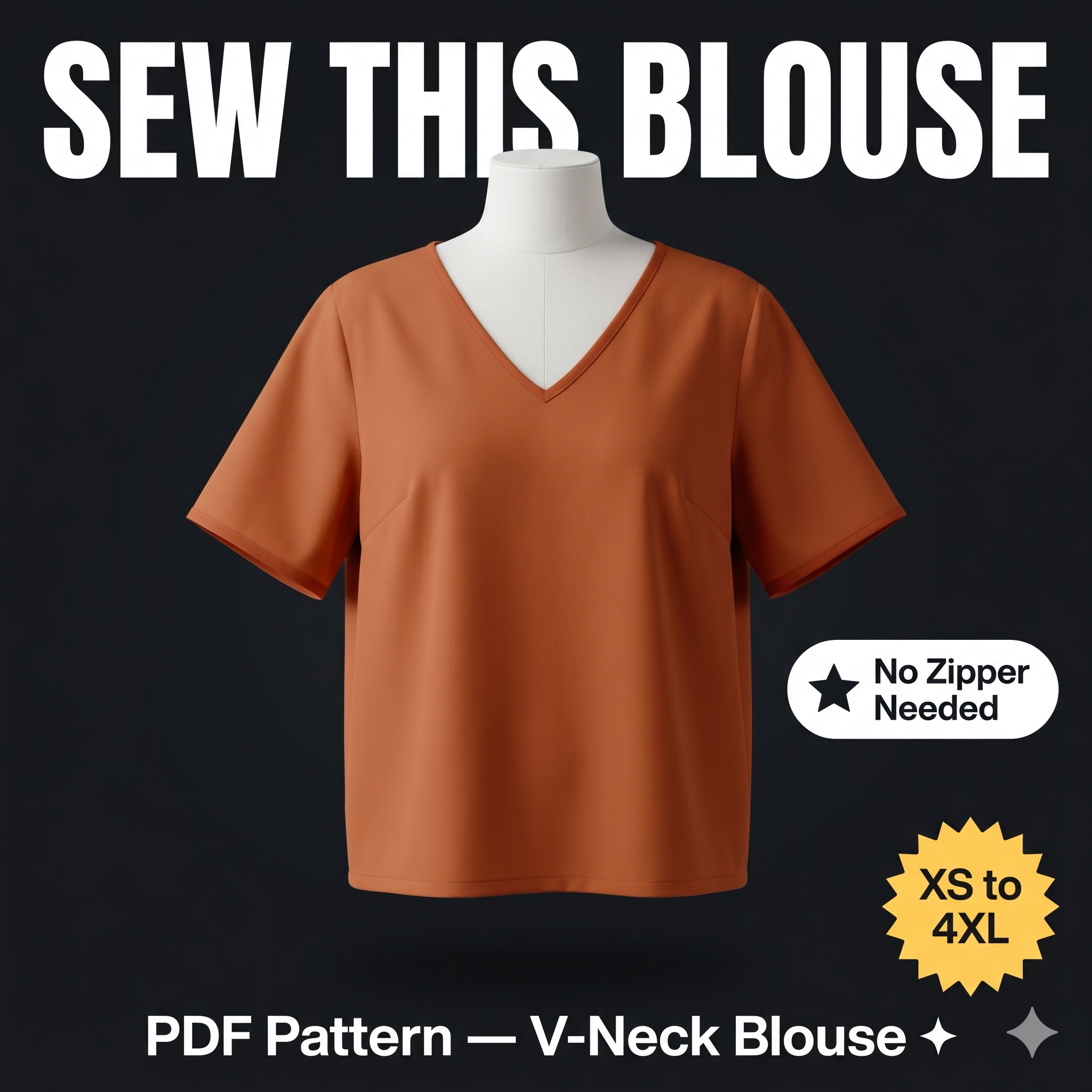 V-Neck Blouse Sewing Pattern PDF: Bust Darts, XS-4XL (A4/US Letter Instant Download)
