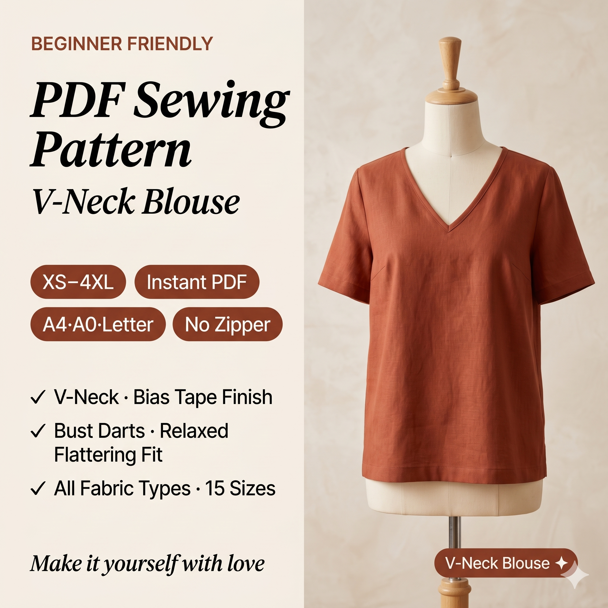 V-Neck Blouse Sewing Pattern PDF: Bust Darts, XS-4XL (A4/US Letter Instant Download)