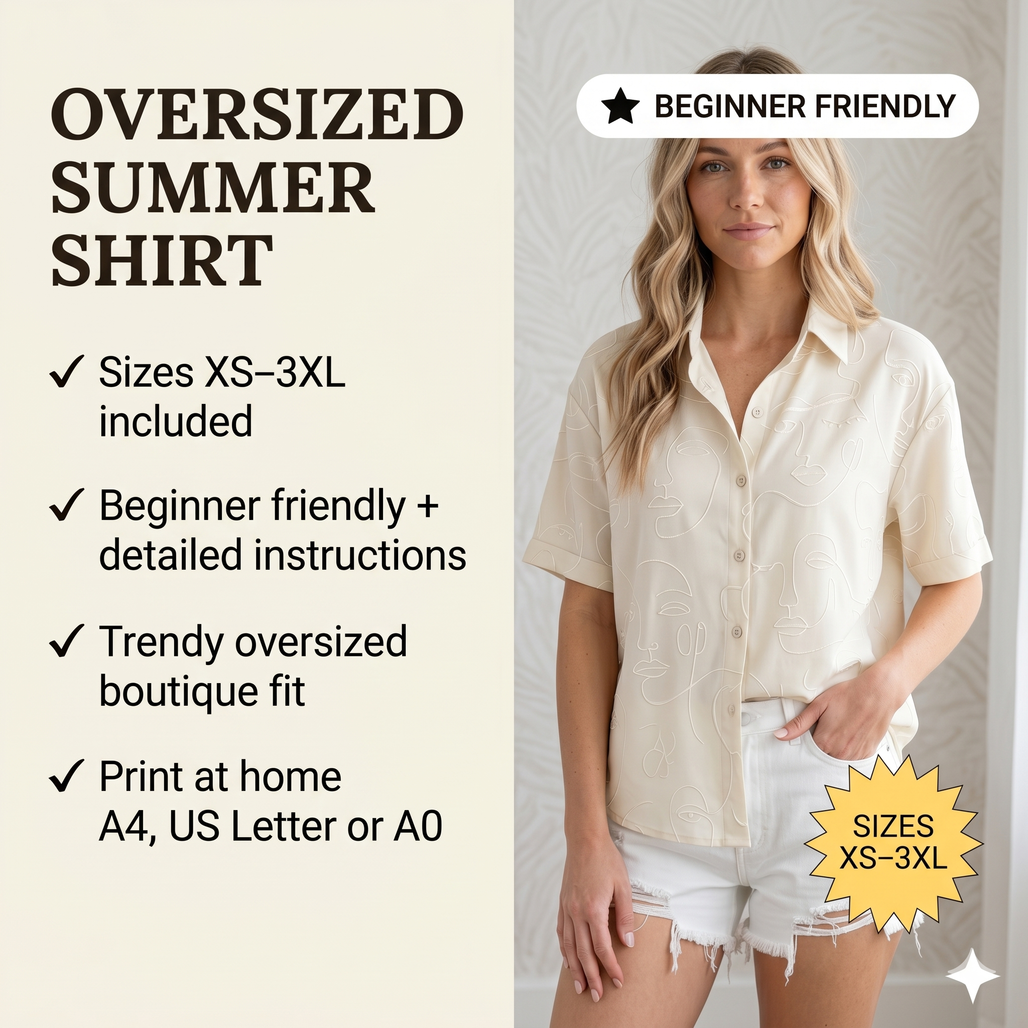 Women's Summer Shirt Sewing Pattern: PDF Short Sleeve Button Down - Oversized Aesthetic Blouse