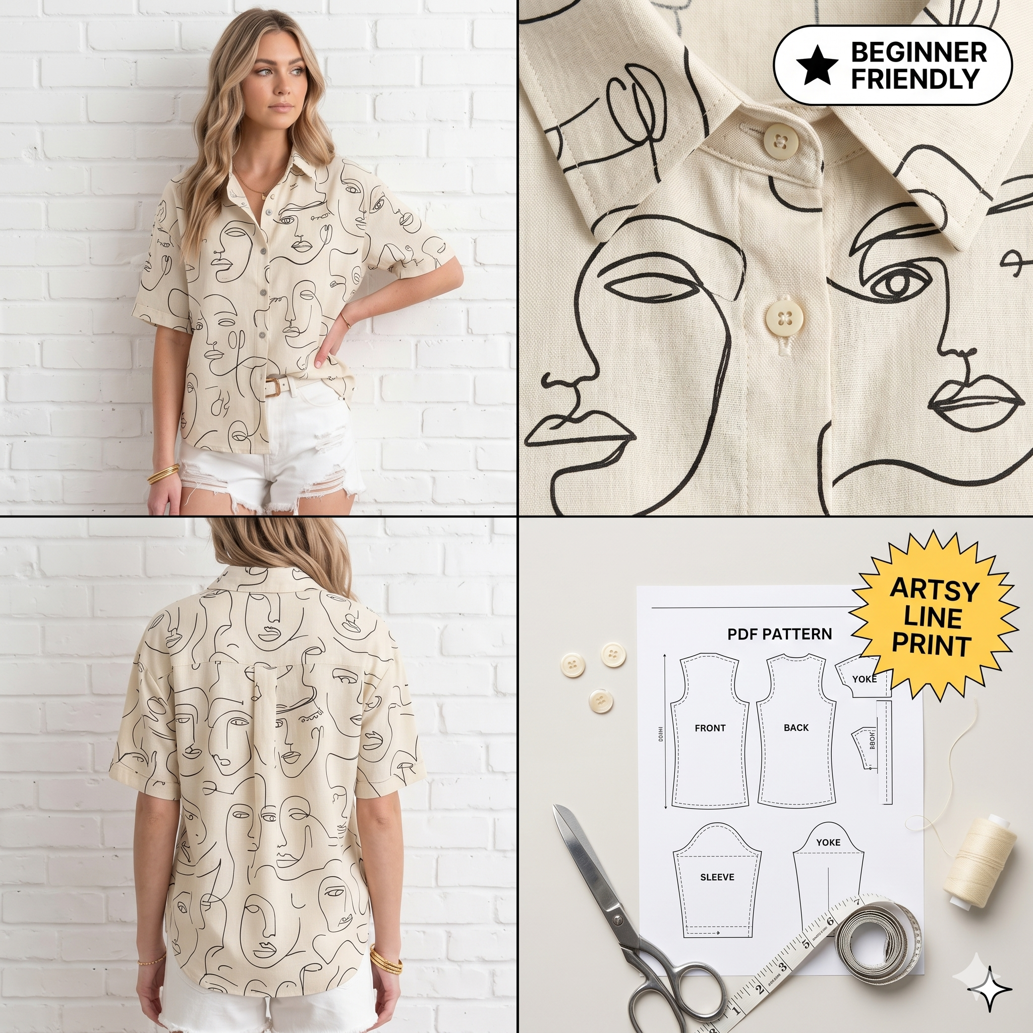 Women's Summer Shirt Sewing Pattern: PDF Short Sleeve Button Down - Oversized Aesthetic Blouse