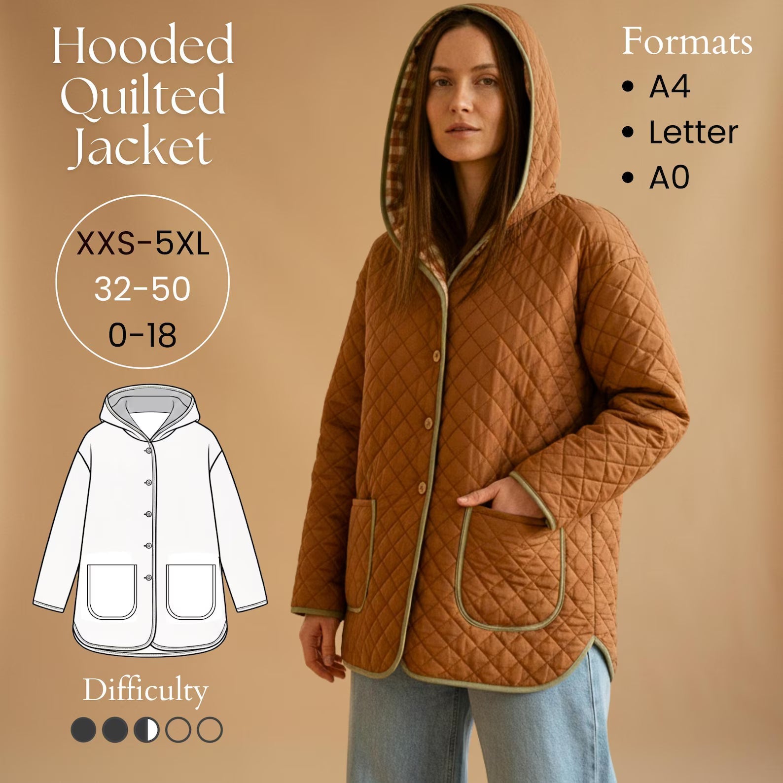 Oversize Hooded Quilted Jacket / Coat Pdf Sewing Pattern / 0/XXS/32-18/5XL/50 Sizes/A4-US Letter-A0