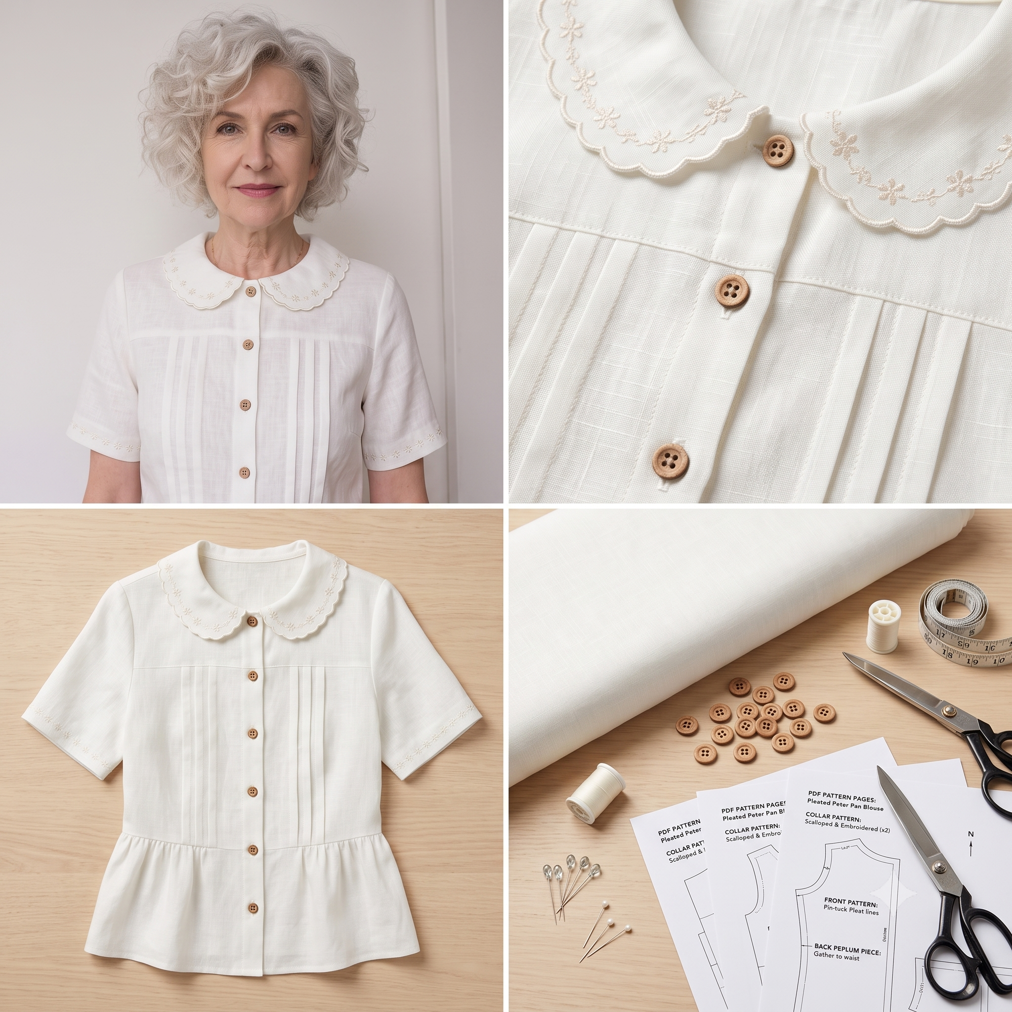 Pleated Peter Pan Collar Top — Sewing Pattern (PDF) | Vintage Semi-Fitted Blouse