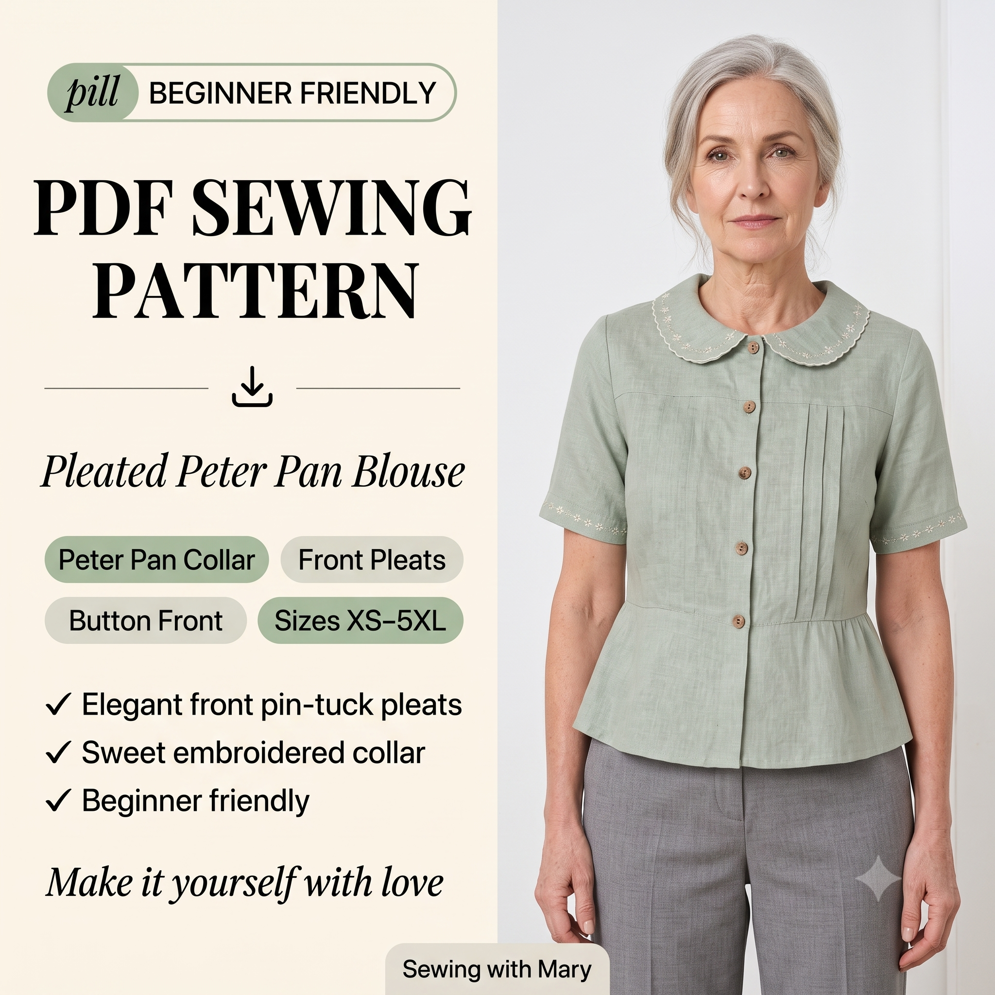 Pleated Peter Pan Collar Top — Sewing Pattern (PDF) | Vintage Semi-Fitted Blouse